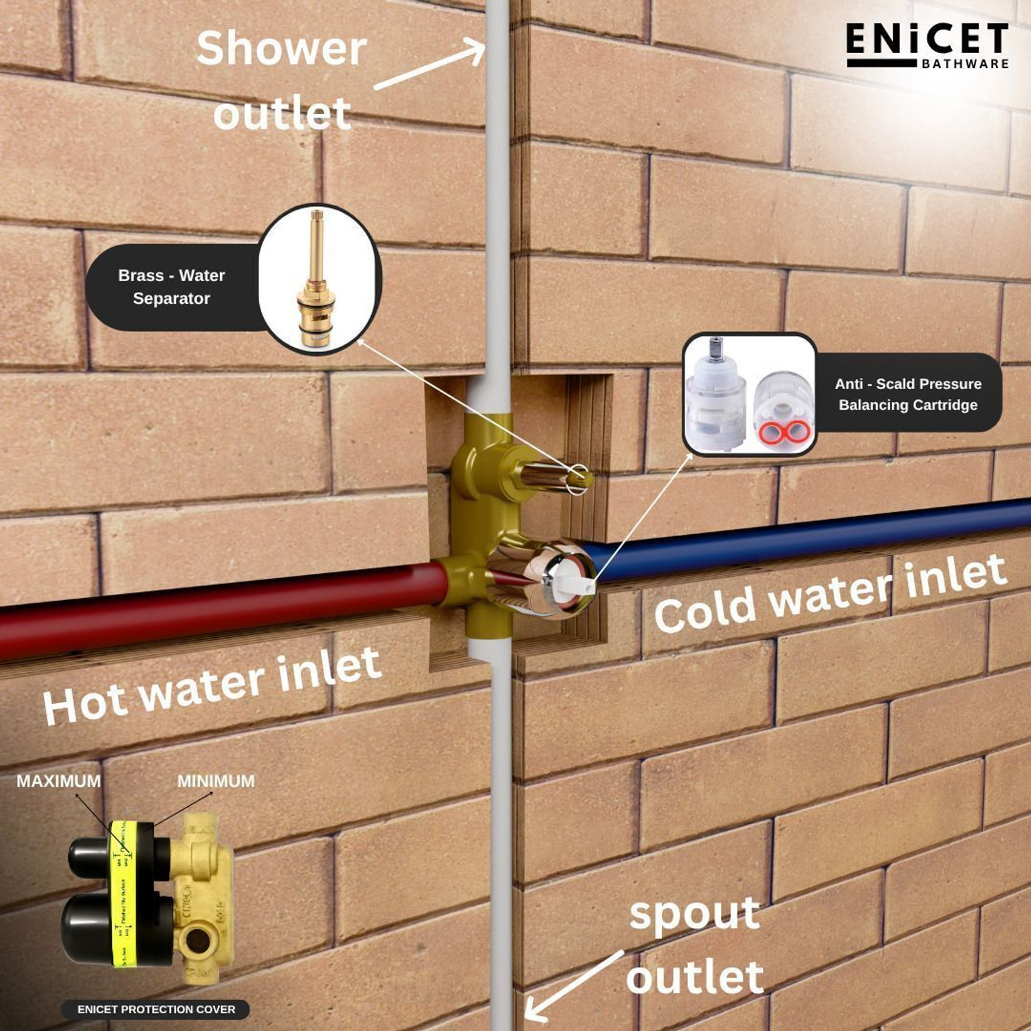 Image of ENICET Brass High Flow Diverter Set With Shower & Hand Shower, Chrome Finish, diverter with spout, shower and handshower rain flow