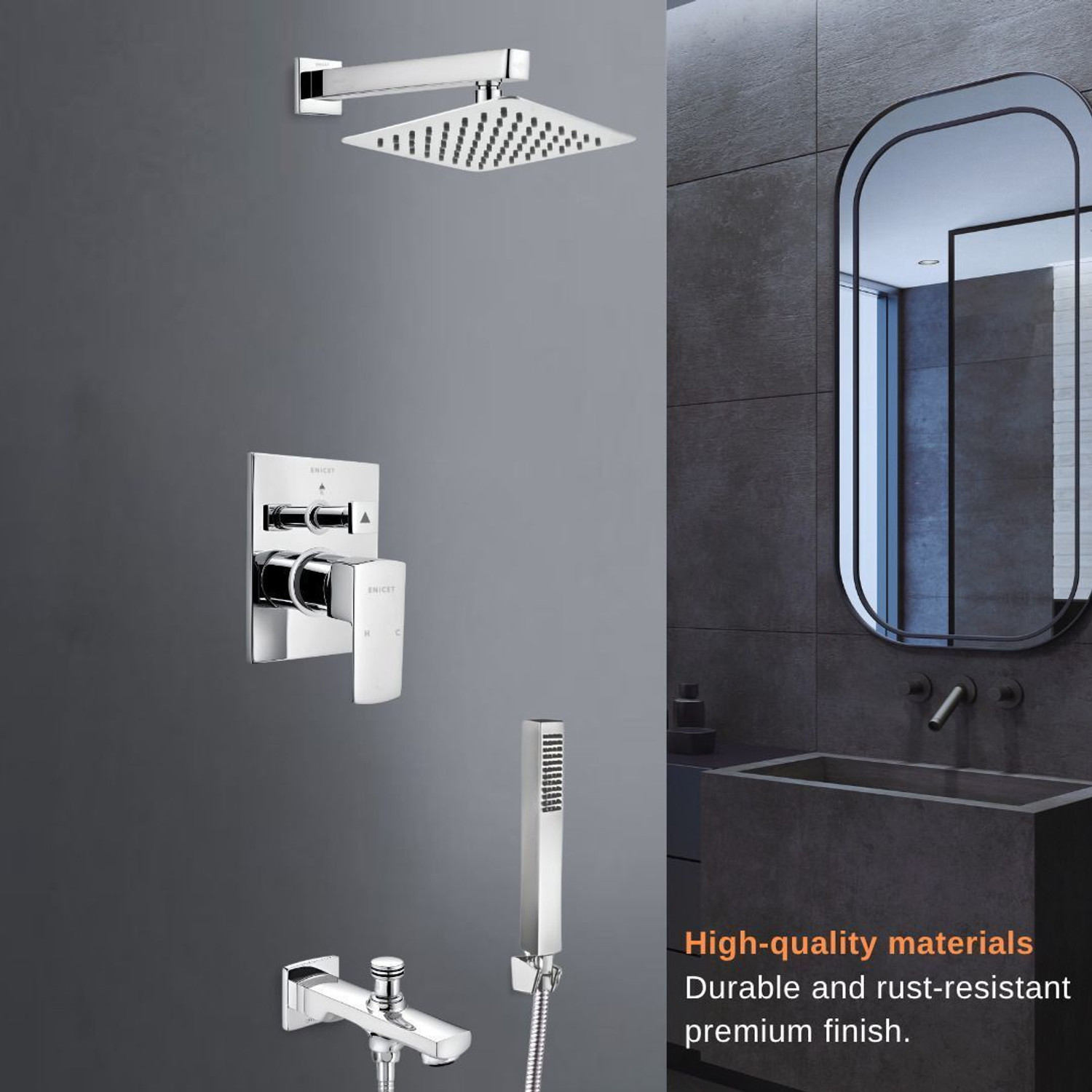 Image of ENICET Brass High Flow Diverter Set With Shower & Hand Shower, Chrome Finish, diverter with spout, shower and handshower rain flow