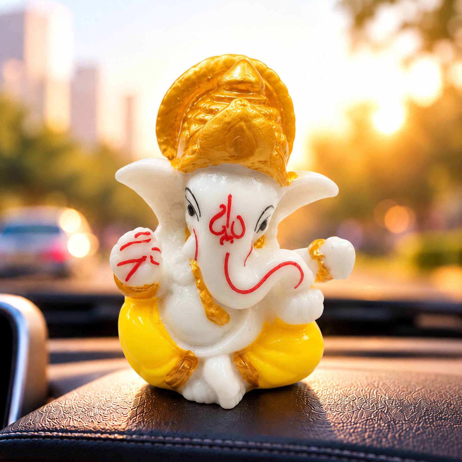 Devayam Lord Ganesha Car Dashboard Idol White & Gold Decorative Showpiece  -  7 cm