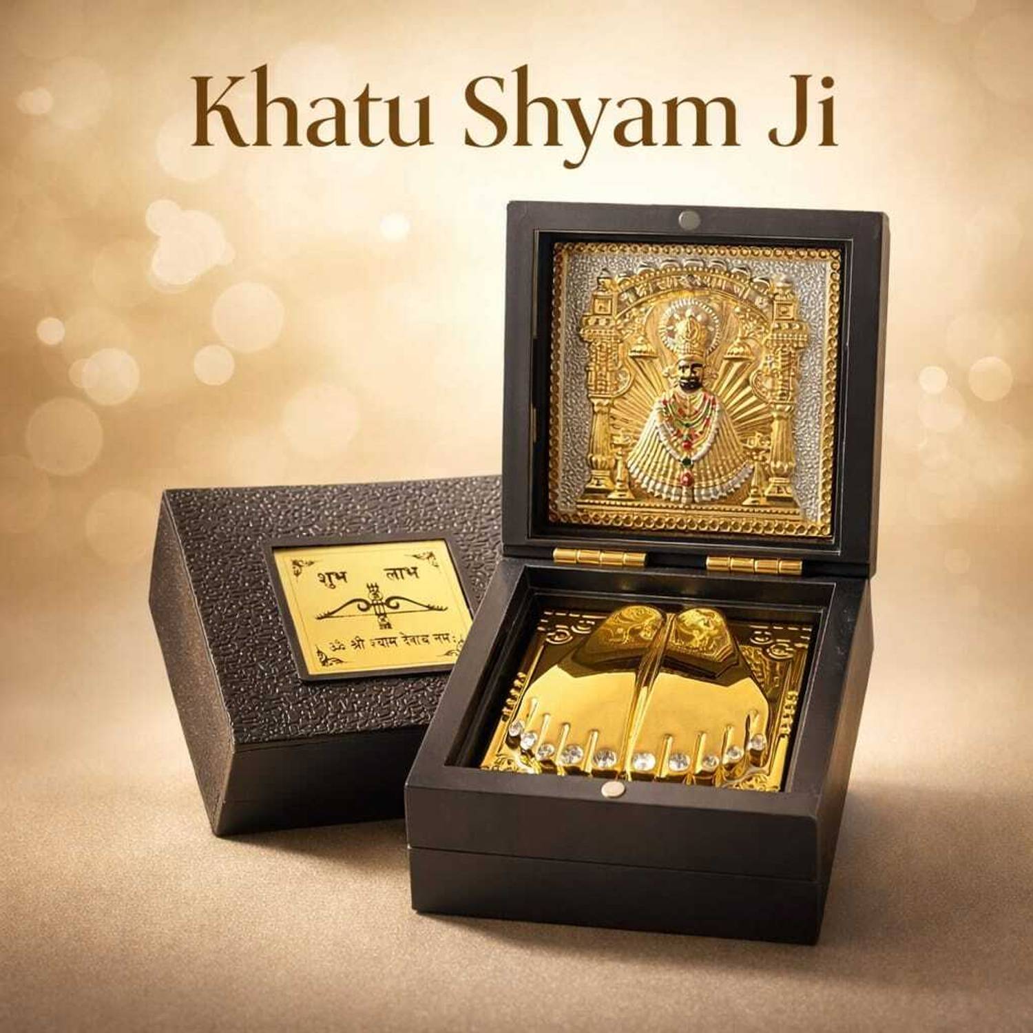 Averiq Gifts Khatu Shyam Ji Charan Paduka Box with Gold Finish Paduka & Photo Frame 3 inch Decorative Showpiece  -  7.62 cm
