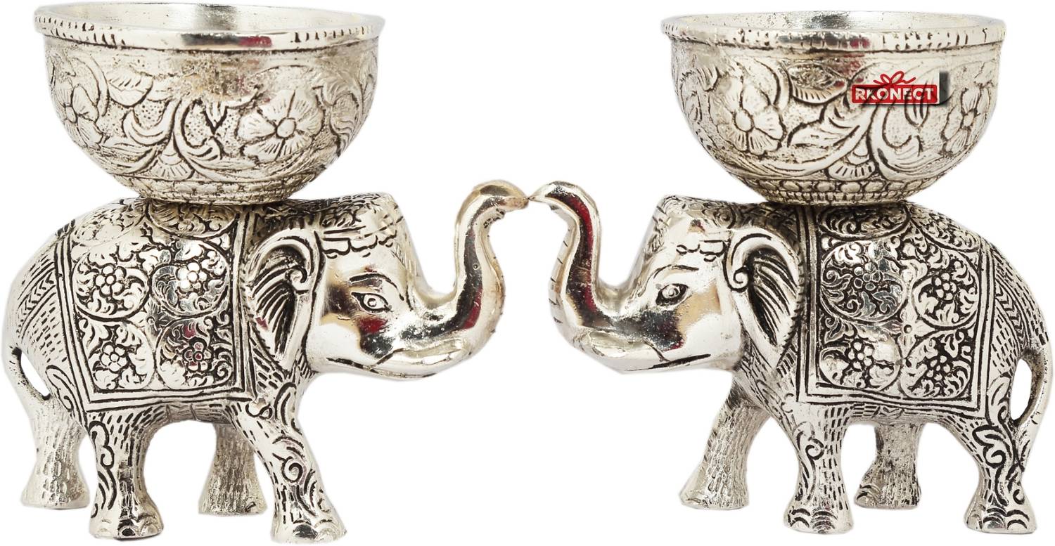 RKONECT Silver Plated Metal 2 Piece Elephant With Bolw For Home Decor Decorative Showpiece - 12.5 cm