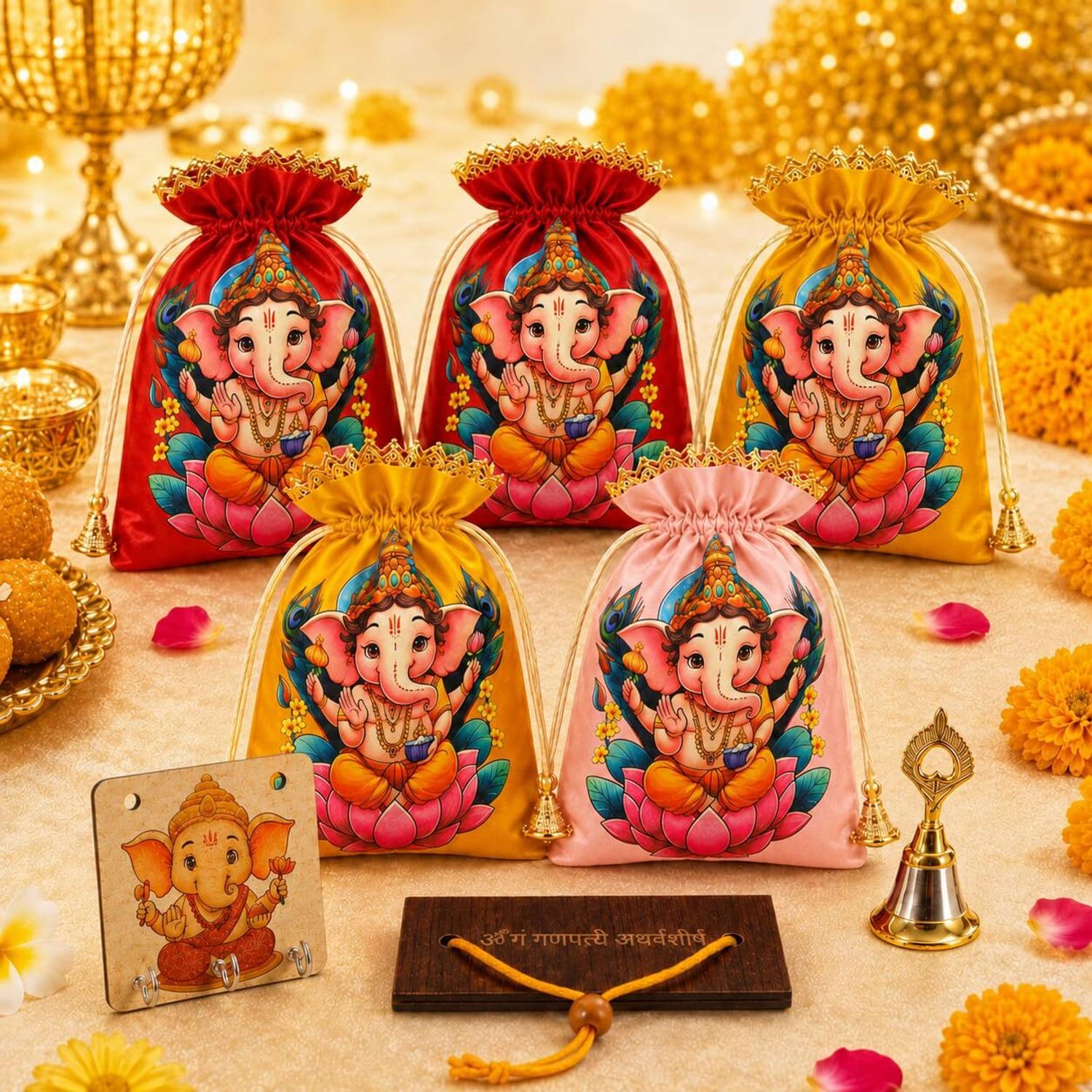 CraftVatika Ganesh Chaturthi Return Gifts Potli Bags Set of 5 with Aarti Book & Pooja Bell Decorative Showpiece  -  23 cm