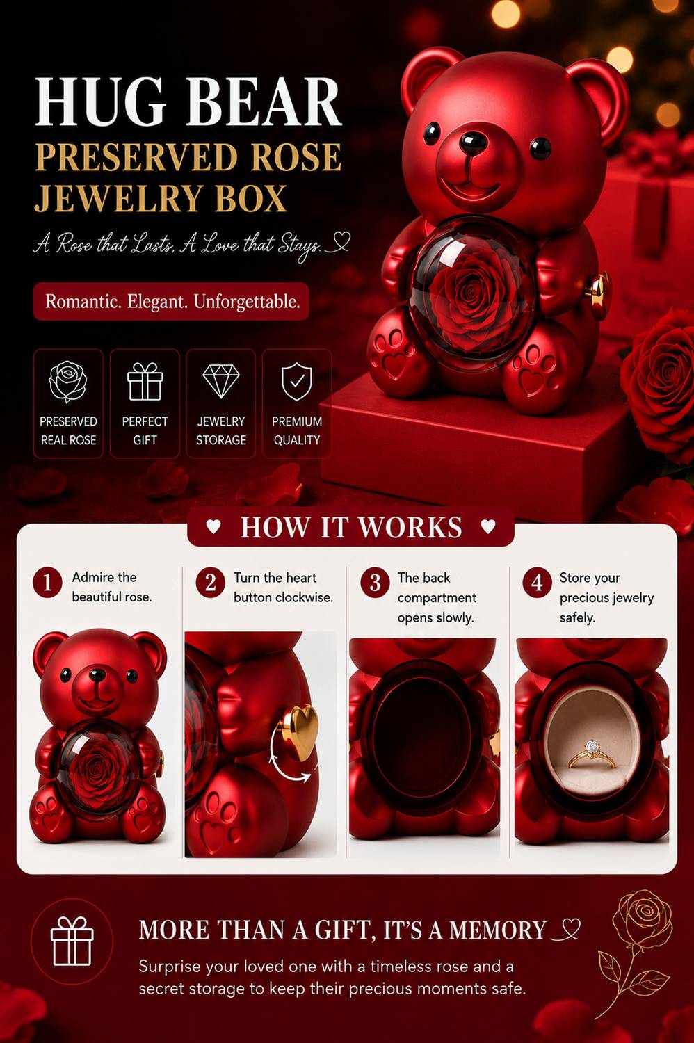 Gridcart Rose Bear Jewelry Box 14cm Red - Image 4