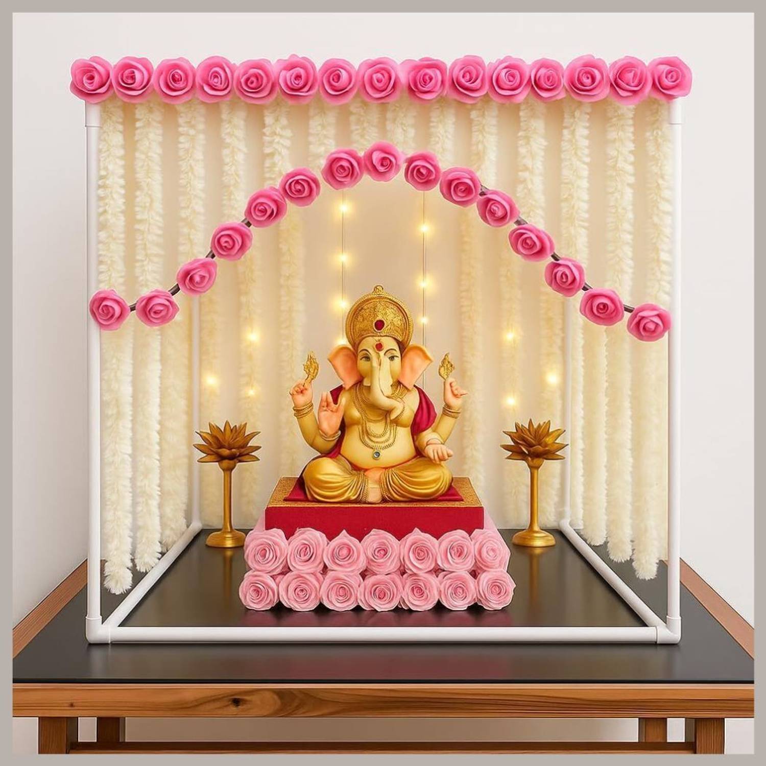 wolfeye Ganesh Mandap Stand for Idol | White Pipe Decorative Mandap for Ganpati Murti Decorative Showpiece - 16 cm