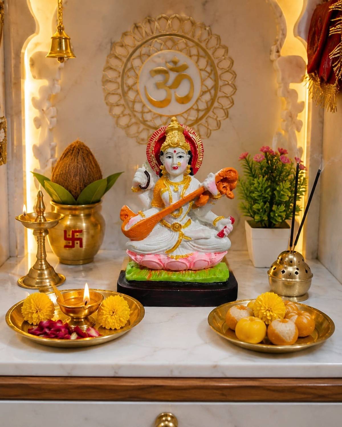 ALLAMANDAA Goddess Saraswati Small Murti Colorful Maa Saraswati Statue Decorative Showpiece  -  10 cm