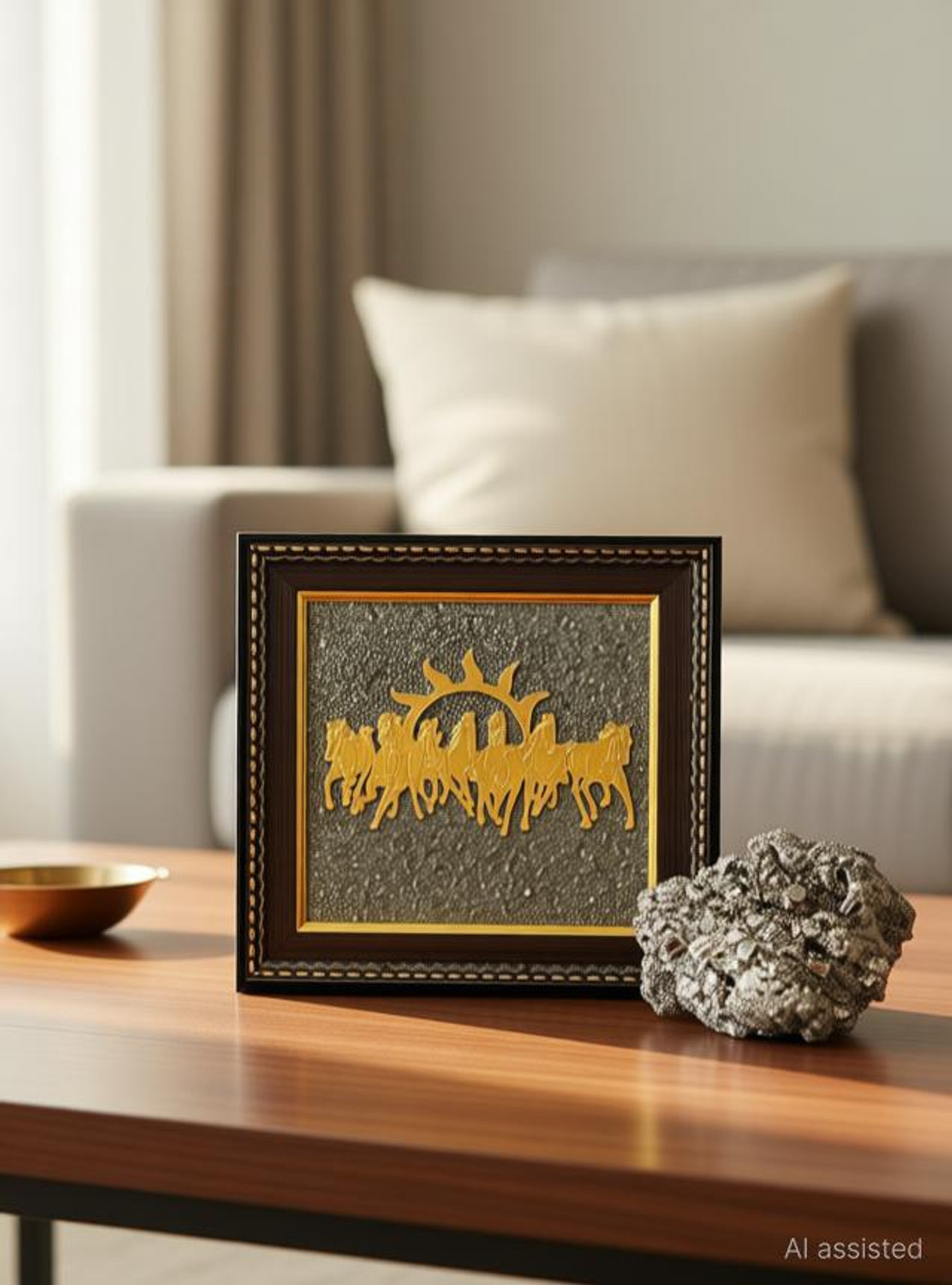 Image of Flaner 7 Horses On Raw Pyrite Frame With Pyrite Turtle for attract Money,Sucess Decorative Showpiece - 19 cm