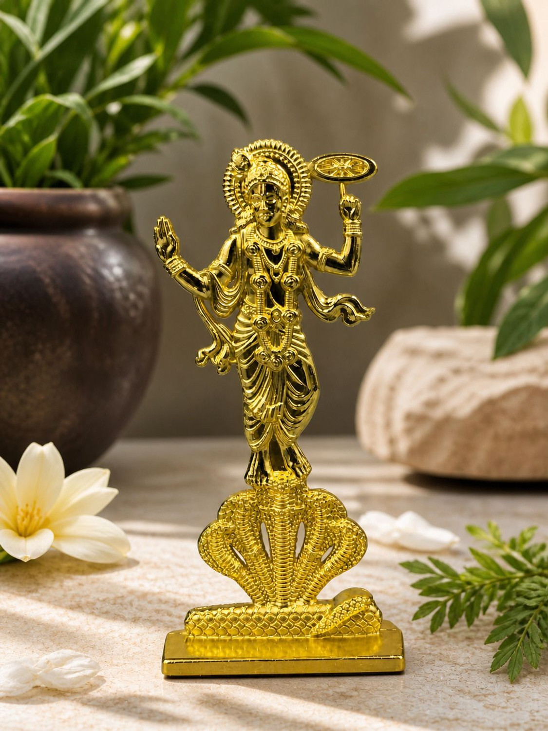 Image of P. R. PRINTS Golden Lord Vishnu Idol with Sheshnag for Car Dashboard, Home Temple & Office Decorative Showpiece - 10 cm