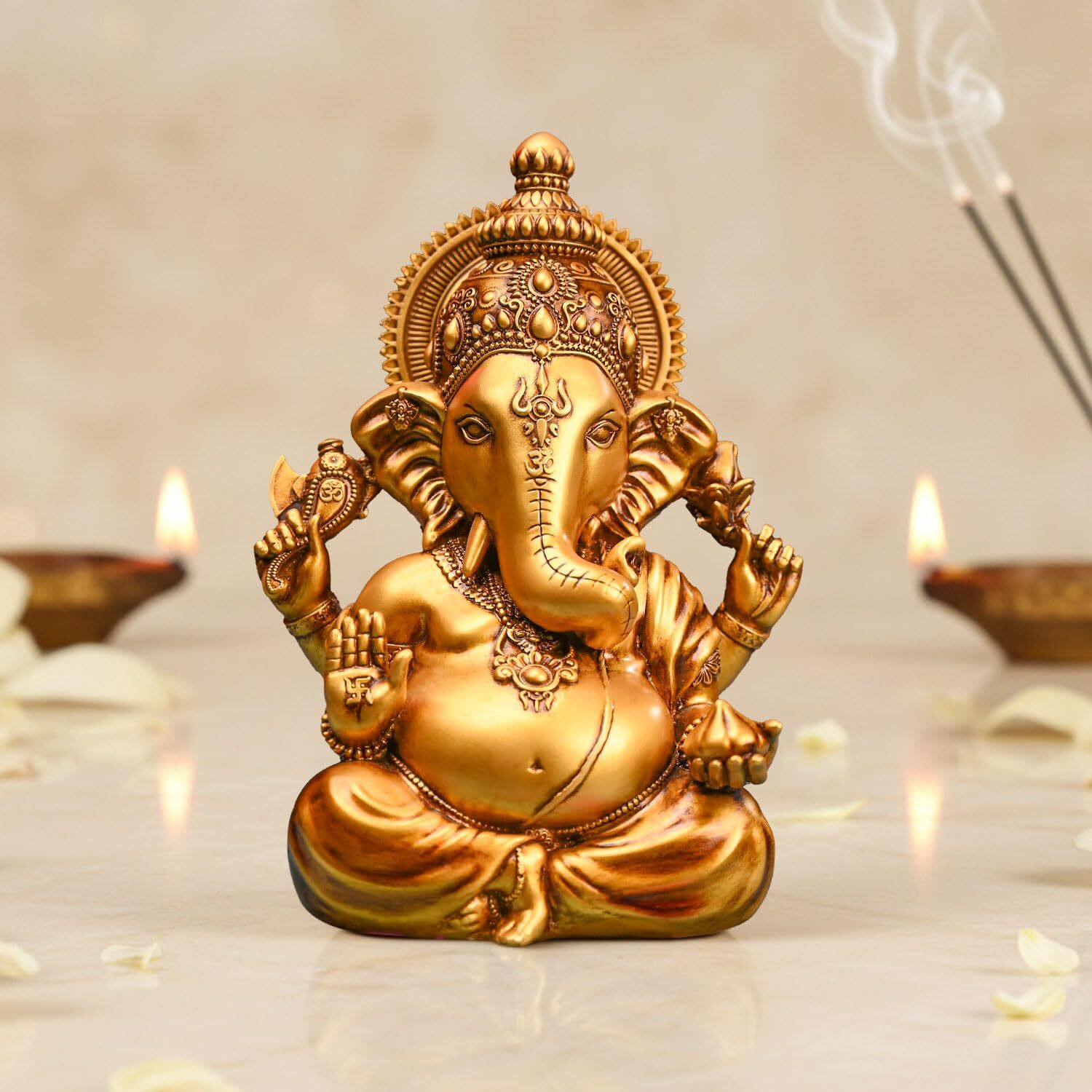 Image of The Divine Tales Vighnaharta Ganesh Idol for Car Dashboard Ganpati Murti Vinayaka Statue for Home Decorative Showpiece - 8.9 cm (Polyresin, Gold)