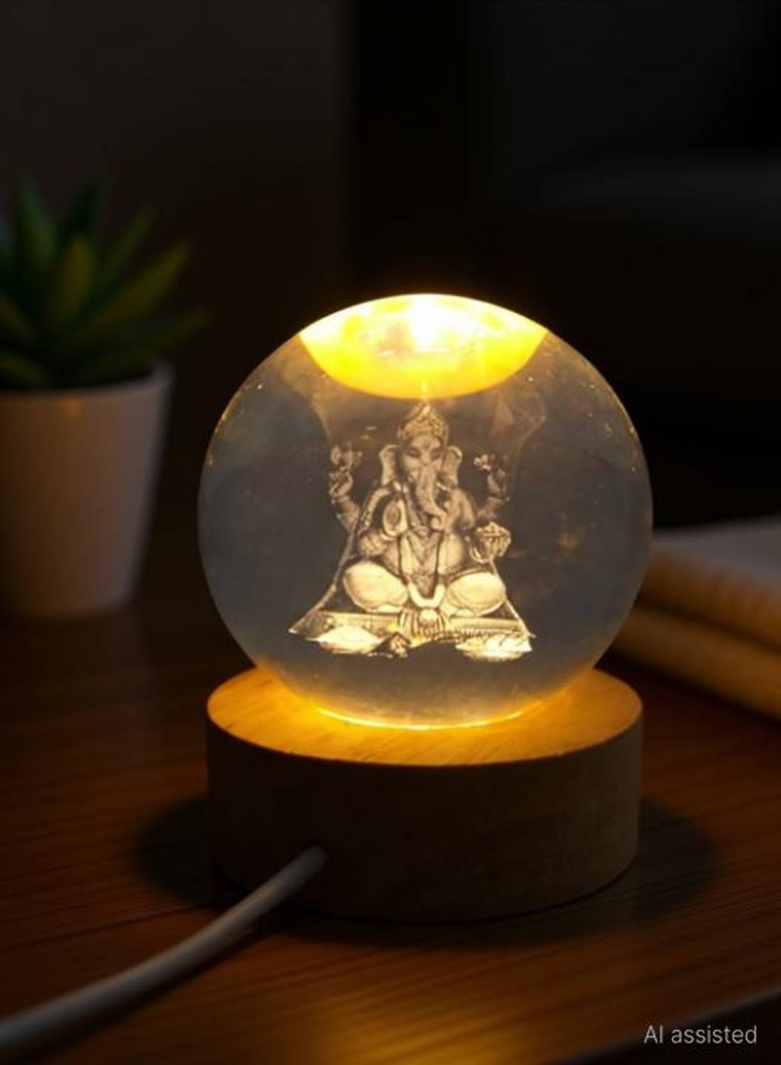 BRASS BLESSING Lord GANESHA Crystal Ball Light - Room Decor Night Lights (2779) Decorative Showpiece  -  4 cm