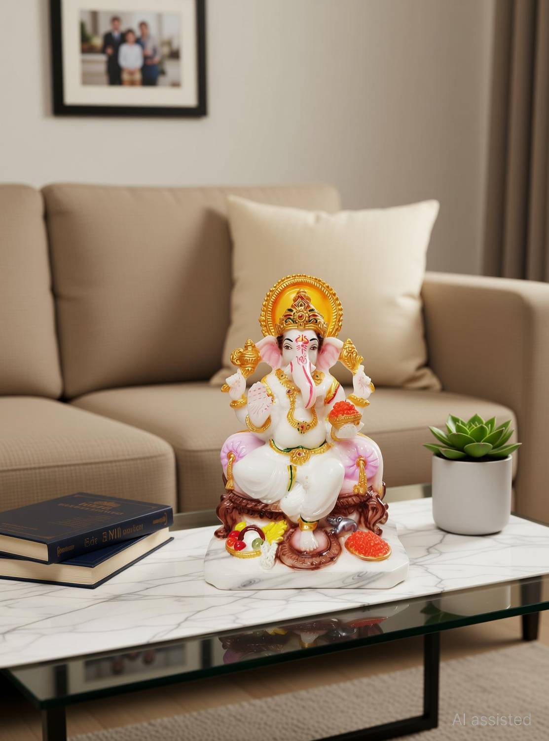 HUBZONES Marble Look Ganesha Idol|Ganpati Statue| vinayak Decorative Murti of Pooja Room Decorative Showpiece  -  18 cm