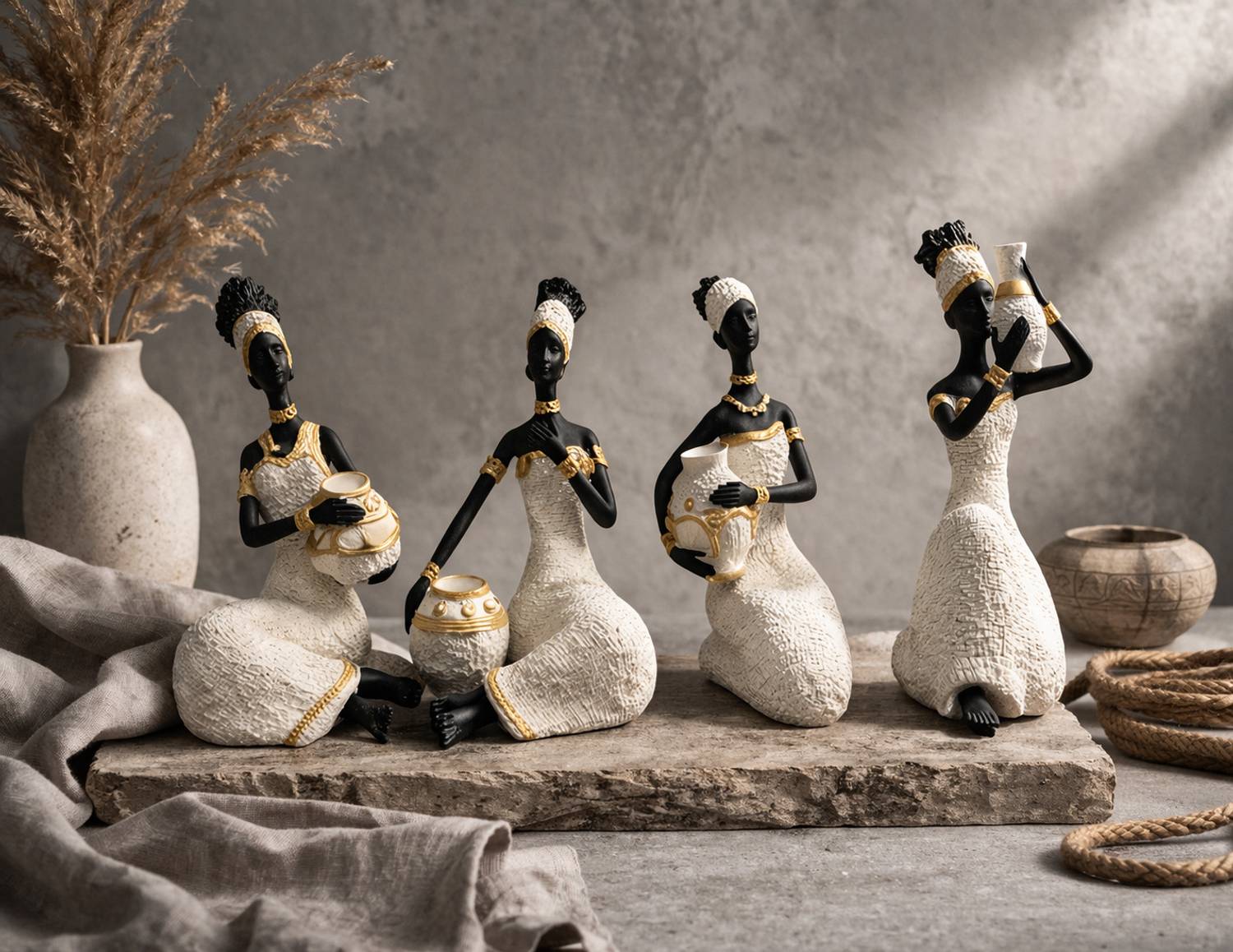 aabco African Lady Sitting Set of 4 Figurines for Home & Living Room Decor | Table Top Decorative Showpiece - 13.97 cm