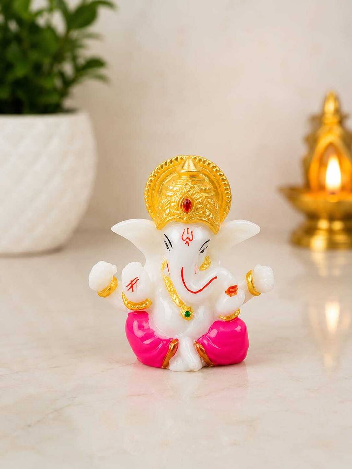 HANDICRAFTLO Premium Lord Ganesh Idol for Home Decor & Car Dashboard | White & Pink Ganpati Decorative Showpiece - 8 cm