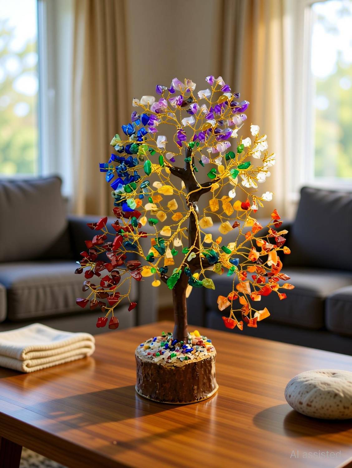 BHAGYA G 7 Chakra Crystal Tree 300 Beads for Energy Healing Meditation Home Office Decor Decorative Showpiece  -  12 cm