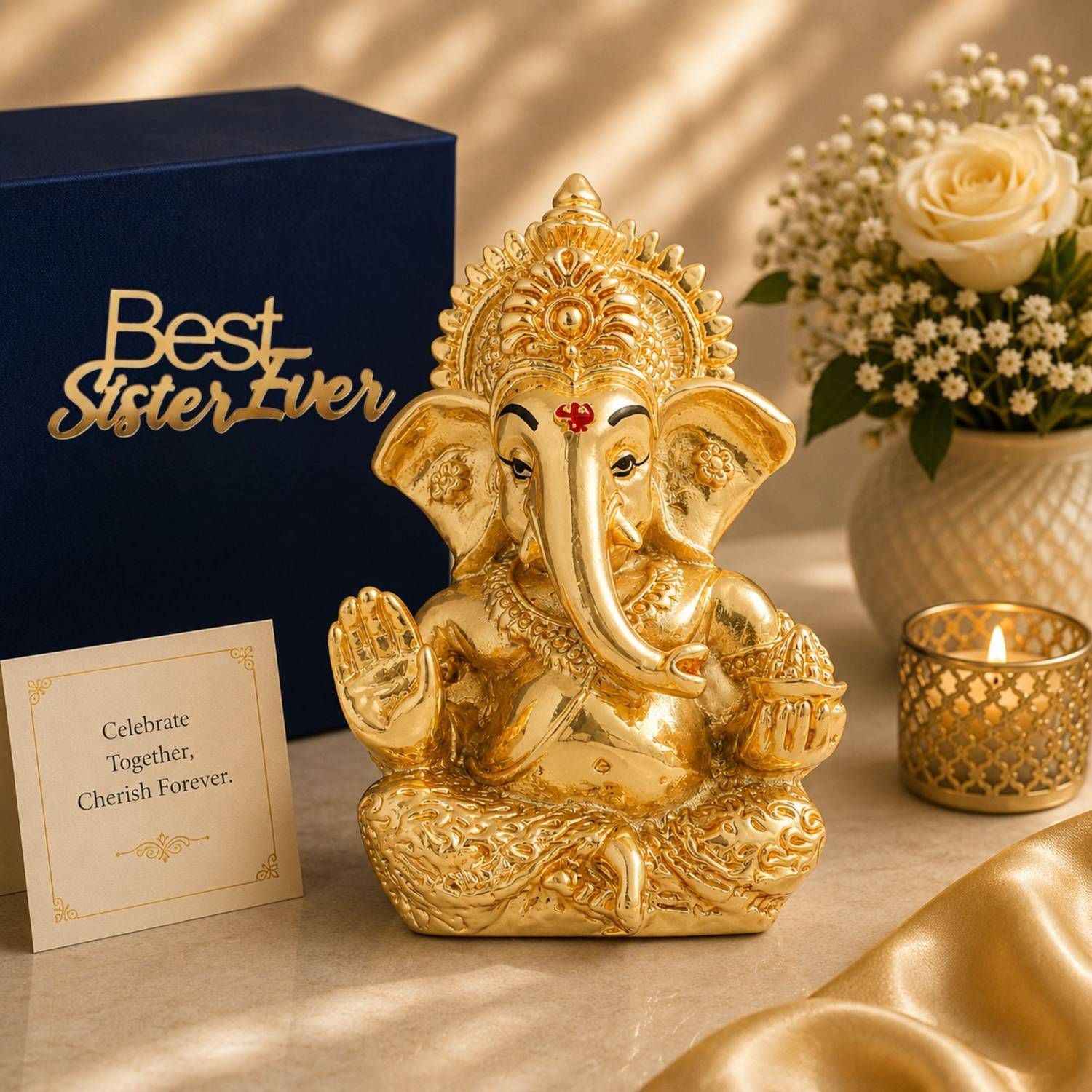 STARLIGHT Resin Ganpati Idol Golden, Velvet Box, Carry Bag & Sister Tag Decorative Showpiece - 5 cm