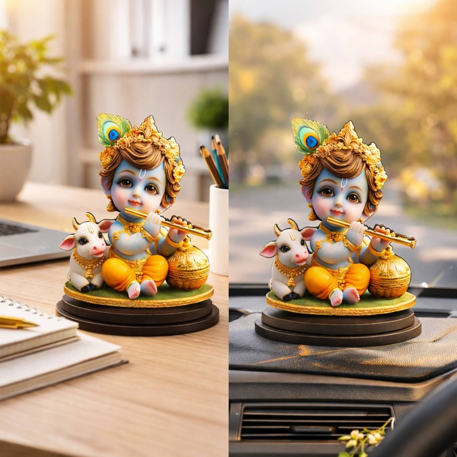 Adiguru MDF Cow Krishna Idol for Car Dashboard, Home Decor & Office Decorative Showpiece - 10 cm