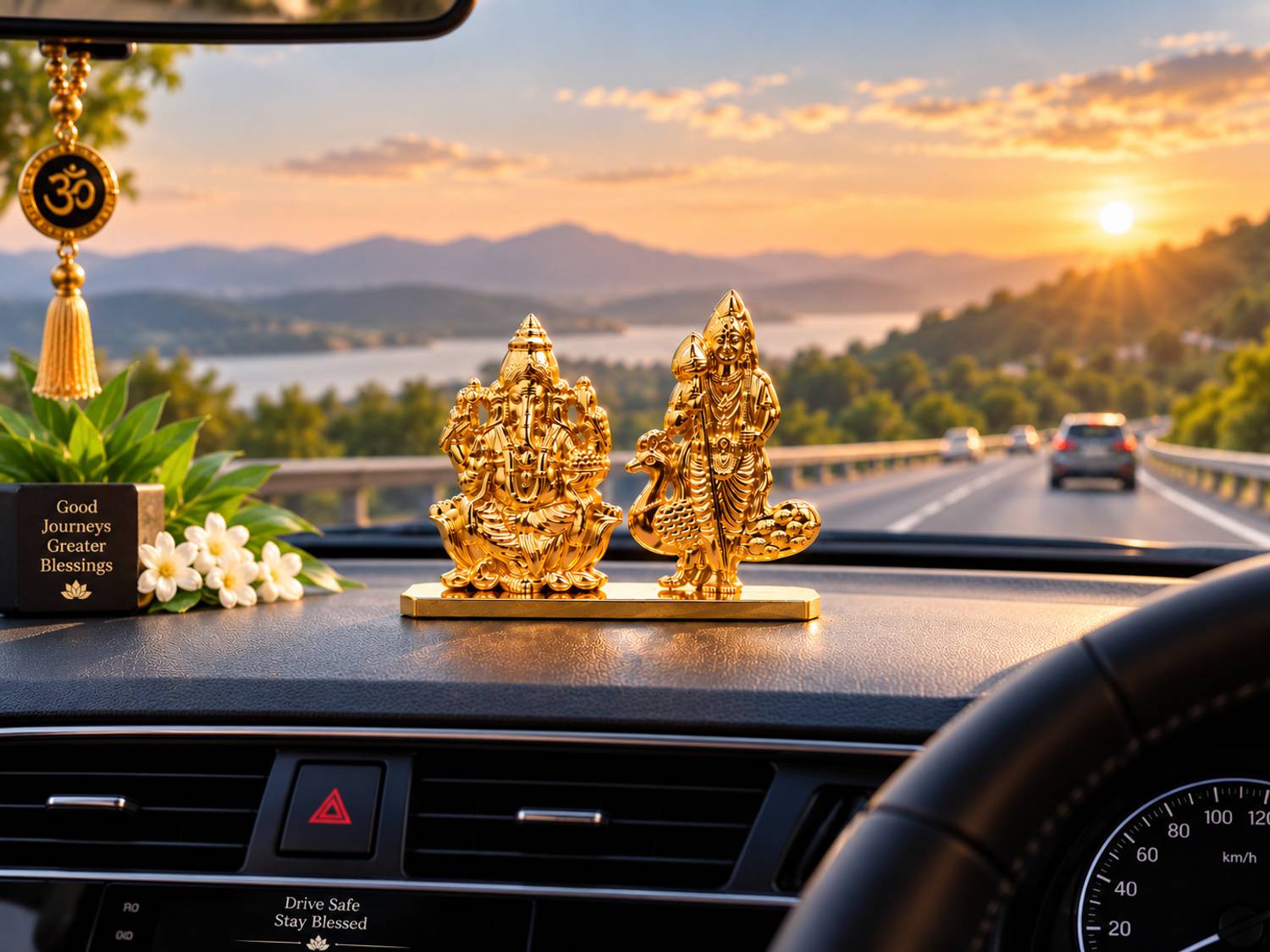MGK Murugan and Ganesha Gold Plated Car Dashboard Idol Decorative Showpiece - 8 cm