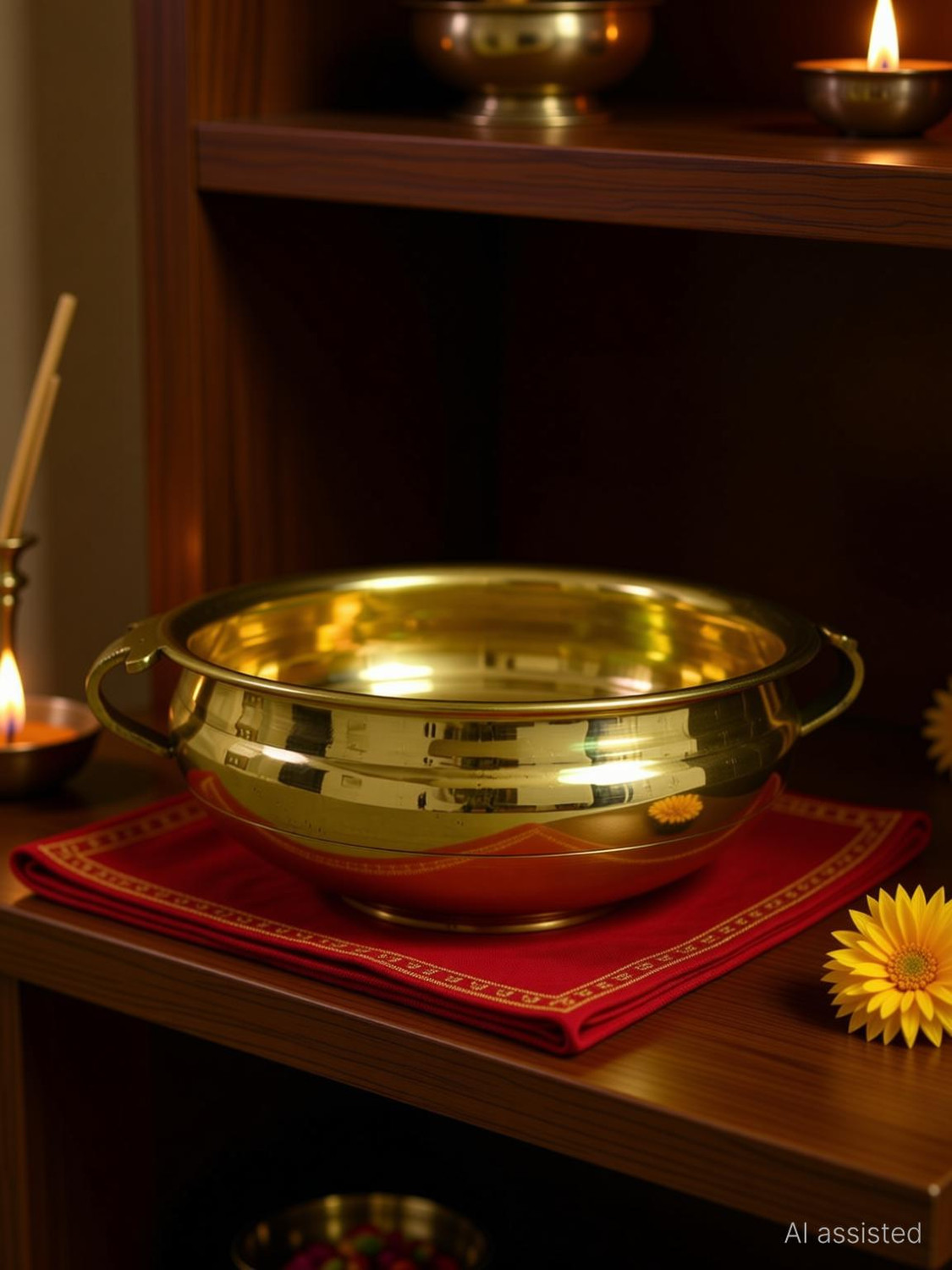 Image of TANGERINE Handcrafted Brass Uruli Pot - size 4 x 10 inch Decorative Showpiece - 10 cm (Brass, Multicolor)
