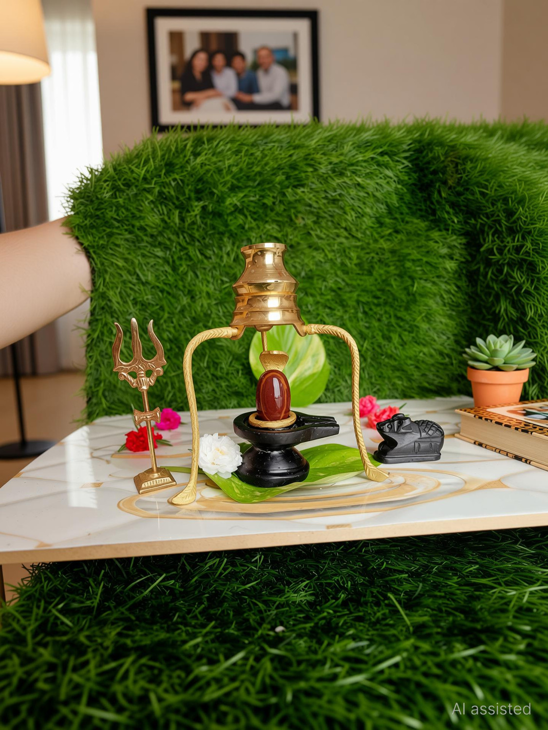 Image of SHIVLING Narmda Stone Shivling,Damru Stand Jaldhara,Nandi,Nag,Trisul,Jalpatra Set Decorative Showpiece - 5 cm