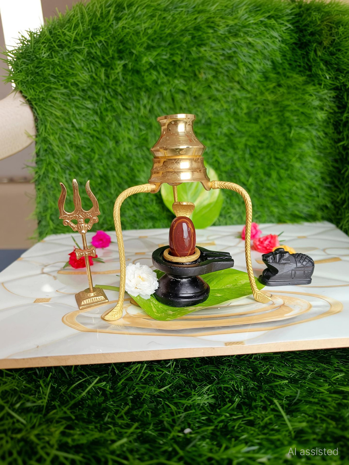 Image of SHIVLING Narmda Stone Shivling,Damru Stand Jaldhara,Nandi,Nag,Trisul,Jalpatra Set Decorative Showpiece - 5 cm
