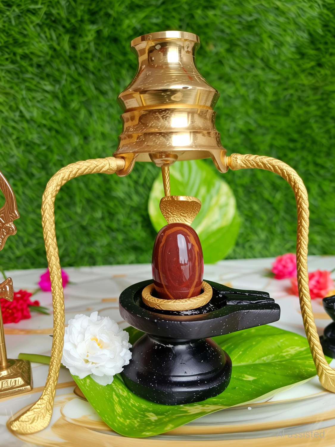 Image of SHIVLING Narmda Stone Shivling,Damru Stand Jaldhara,Nandi,Nag,Trisul,Jalpatra Set Decorative Showpiece - 5 cm