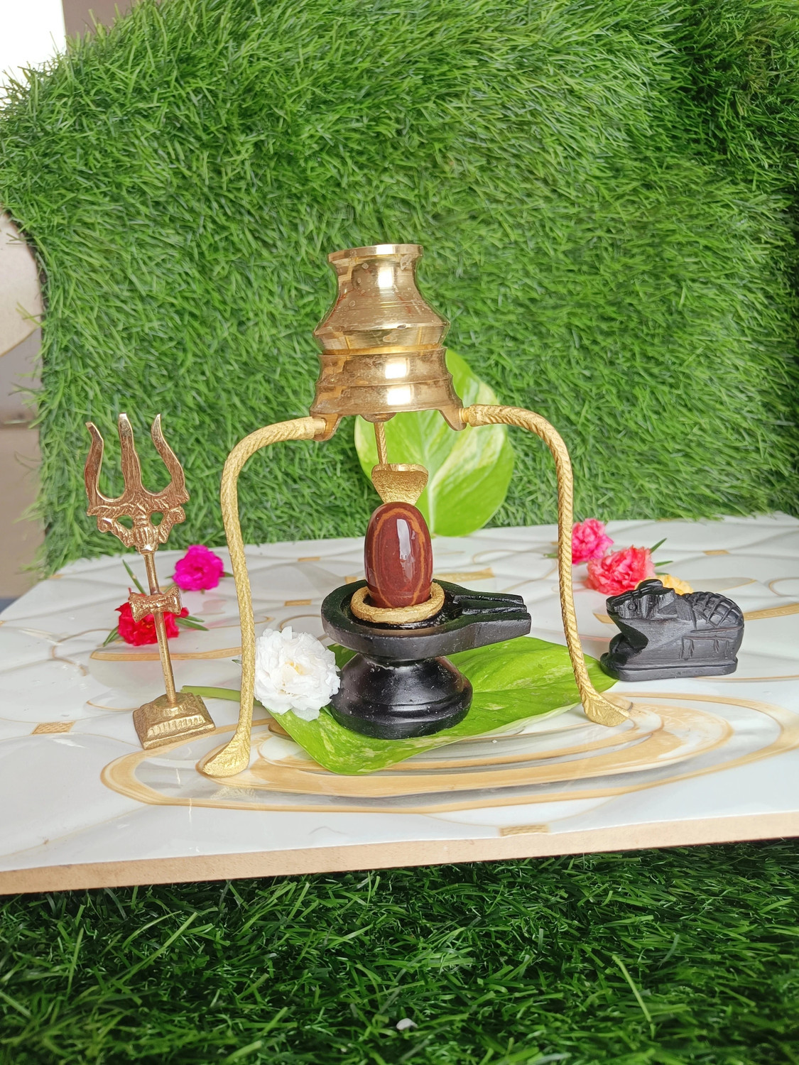 Image of SHIVLING Narmda Stone Shivling,Damru Stand Jaldhara,Nandi,Nag,Trisul,Jalpatra Set Decorative Showpiece - 5 cm
