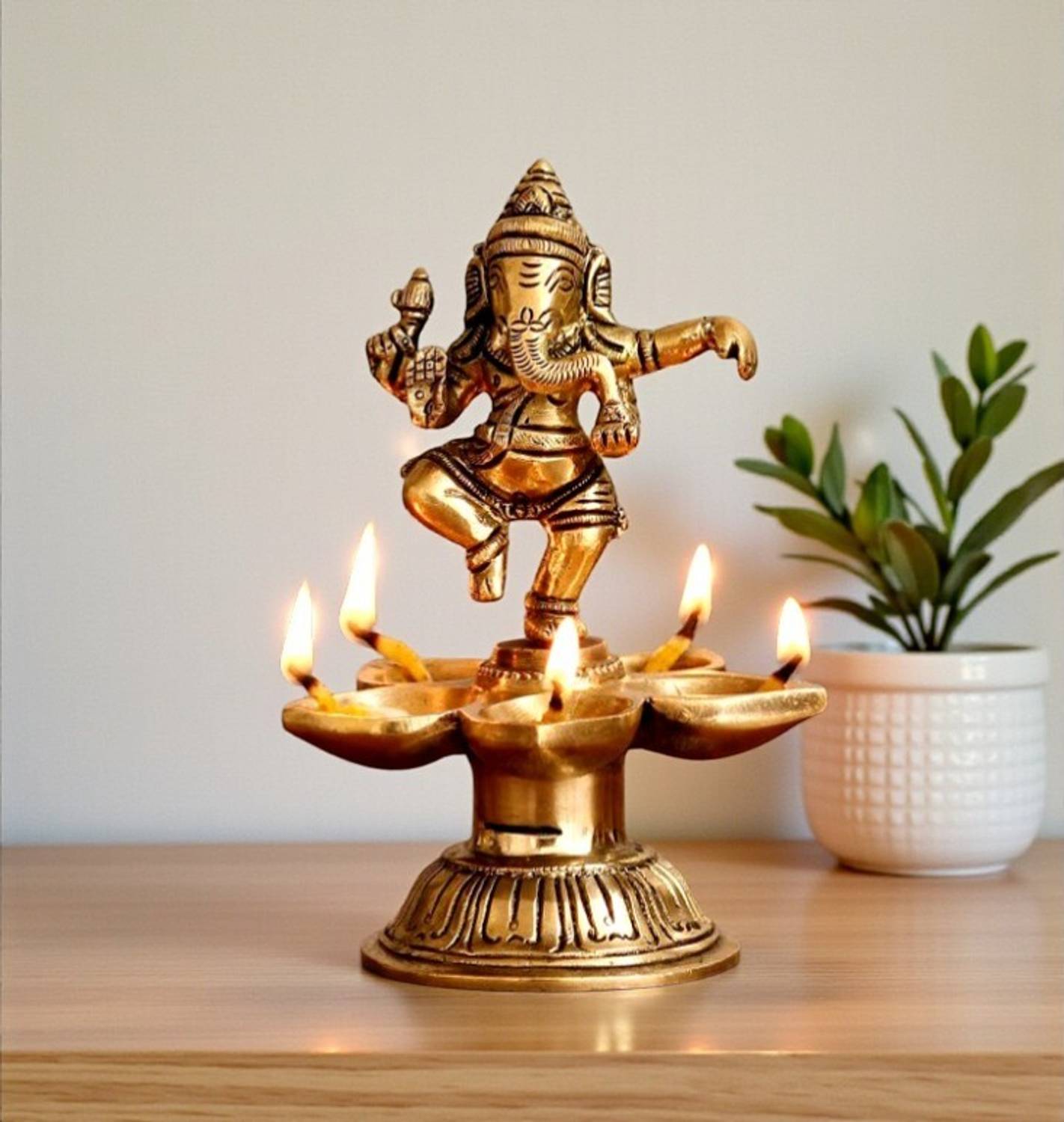 Antiques Nirmala Brass Dancing Ganesh Diya With 5 Wicks Idol Antique Finish Decorative Showpiece - 12 cm