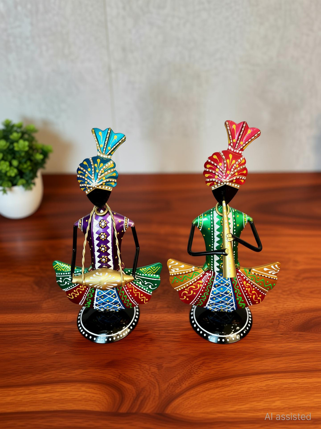 Image of Handicrafy Metal Rajasthani Sitting Musician Pair Decorative Showpiece - 23 cm