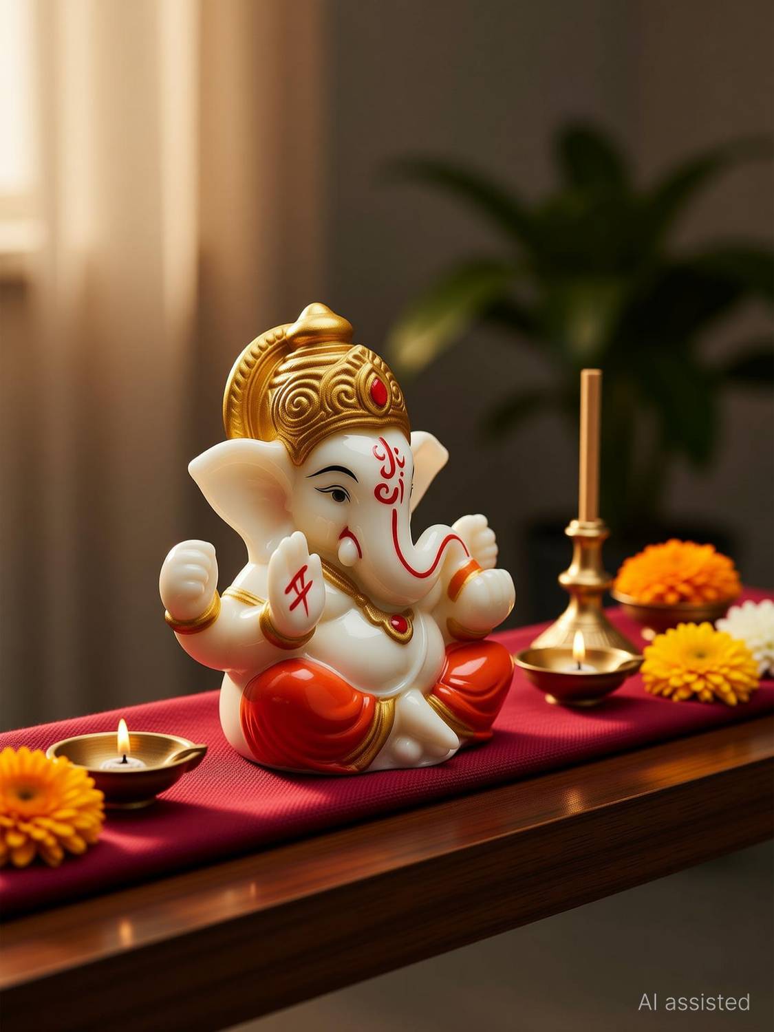 ArteVatika Marble Mini Ganpati Murti with Golden Mukut Statue for Home, Office & Gift Decorative Showpiece - 5 cm