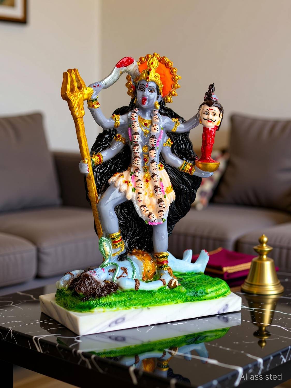 Artrivia Marble Dust Maa Kalka Ji Chaturbhuja Kali Mahakali Idol 9 Inches Decorative Showpiece  -  22.9 cm