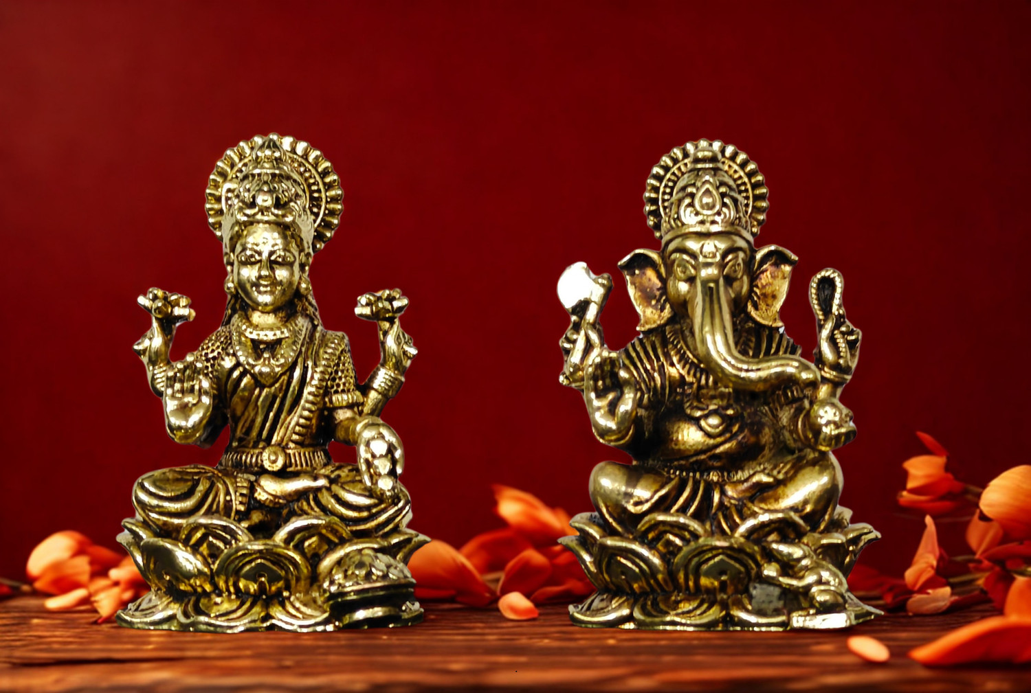 Image of Craftcart Lakshmi Ganesh Brass Idol | Wax Cast & Lightweight | 100% Brass | w: 180g | Decorative Showpiece - 7 cm