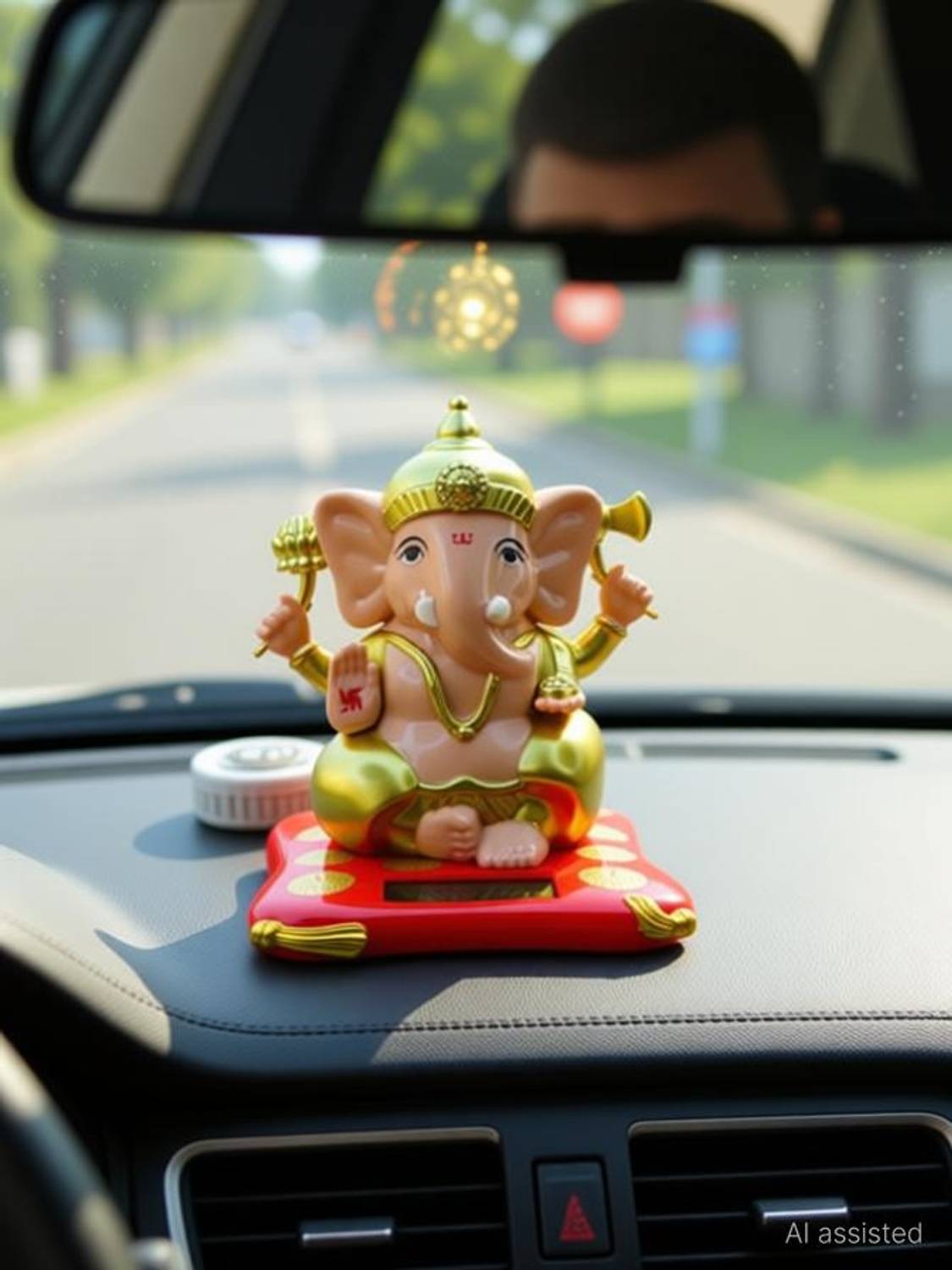 GEPRONIX Moving Hands Solar Lord Ganesh Ji Statue for Home Decor , car Dashboard Decorative Showpiece - 13 cm