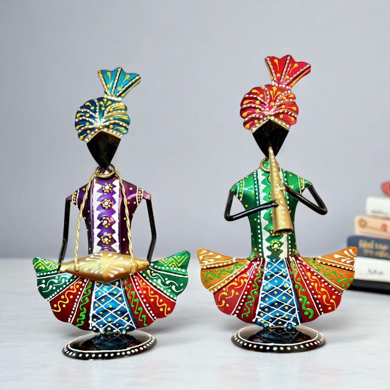 Image of Handicrafy Metal Rajasthani Sitting Musician Pair Decorative Showpiece - 23 cm