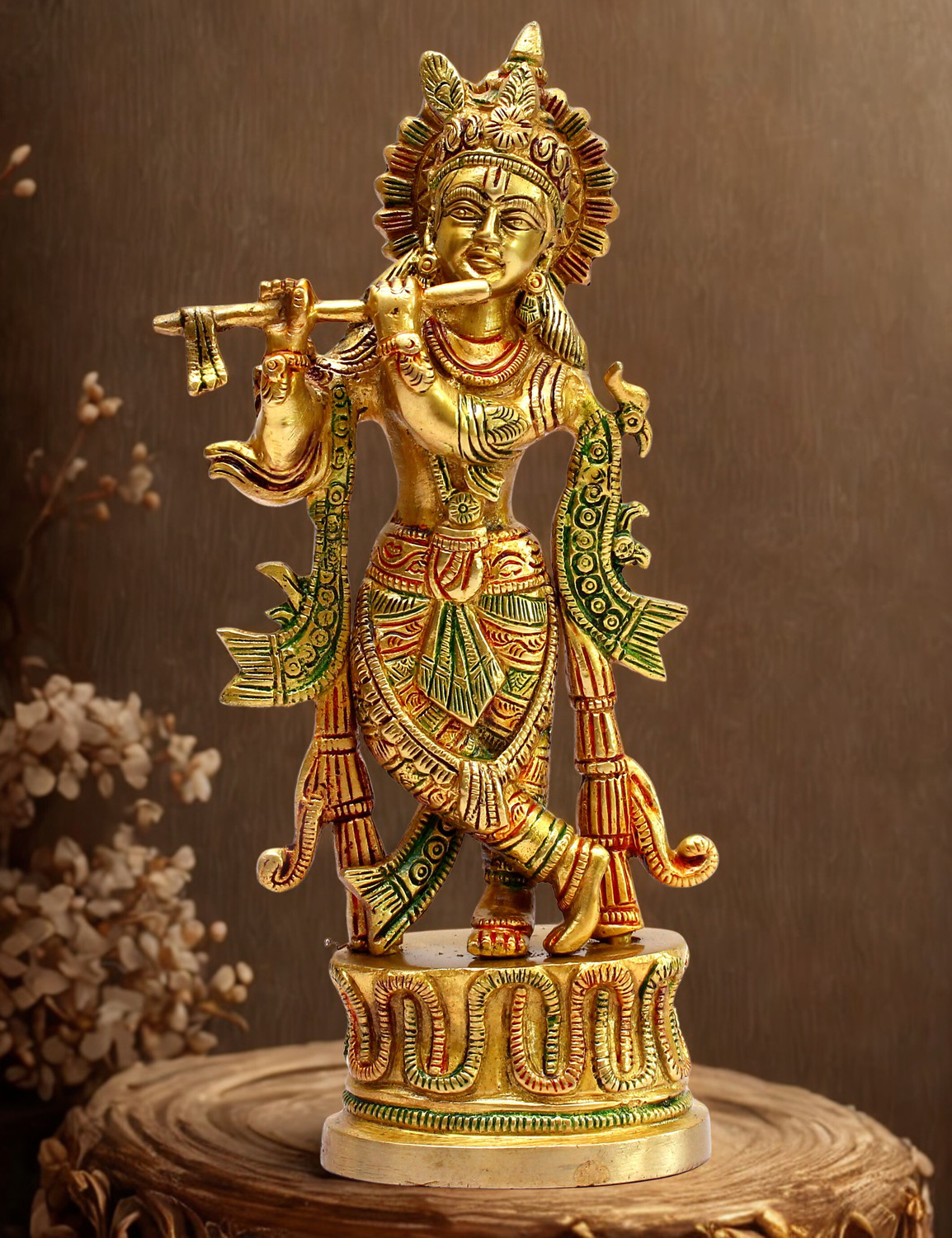 Image of Craftcart Lord Krishna Brass Idol | Premium Quality | Pure Brass | w: 1 Kg | Decorative Showpiece - 22.5 cm