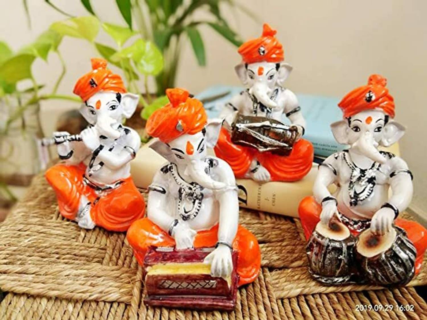 eHouse of Crafts Set of 4 Marble Musical Ganesh Statue Idol Playing Musical Instruments Bansuri Flute Dhol for Home Decor Shelf Decor Decorative Ganpati Showpiece Figurine Sculpture Temple Puja Gift Decorative Showpiece - 14 cm