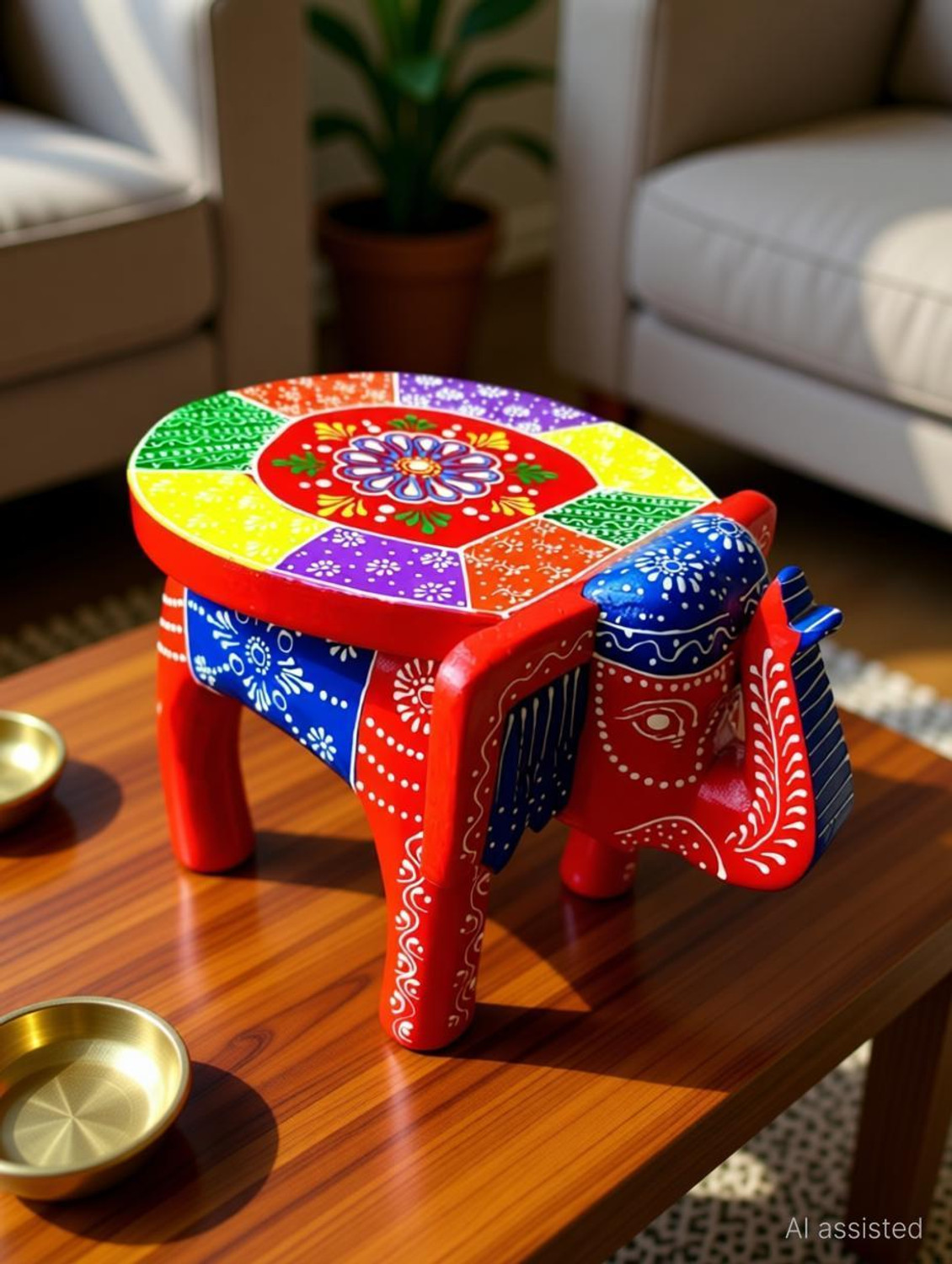 Image of kamdhenu art and craft Wooden Painting Decorative Rajasthani Elephant Stool | Decorative Showpiece Decorative Showpiece - 20 cm
