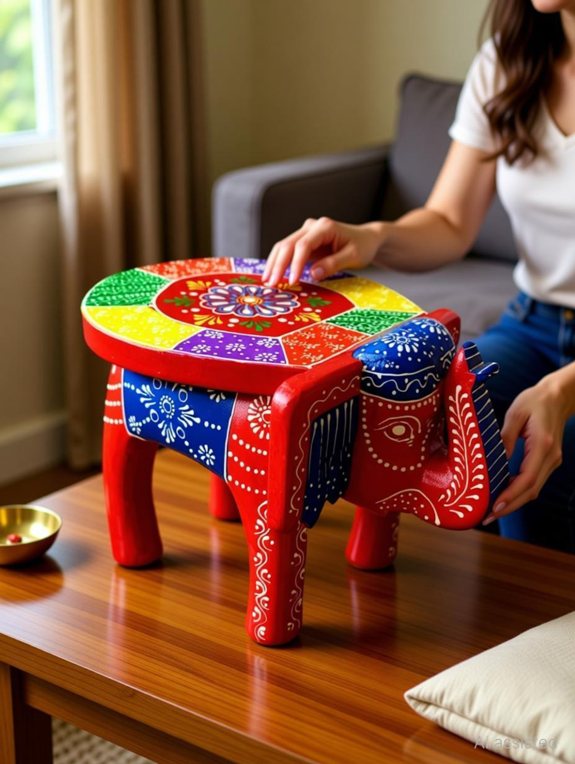 Image of kamdhenu art and craft Wooden Painting Decorative Rajasthani Elephant Stool | Decorative Showpiece Decorative Showpiece - 20 cm