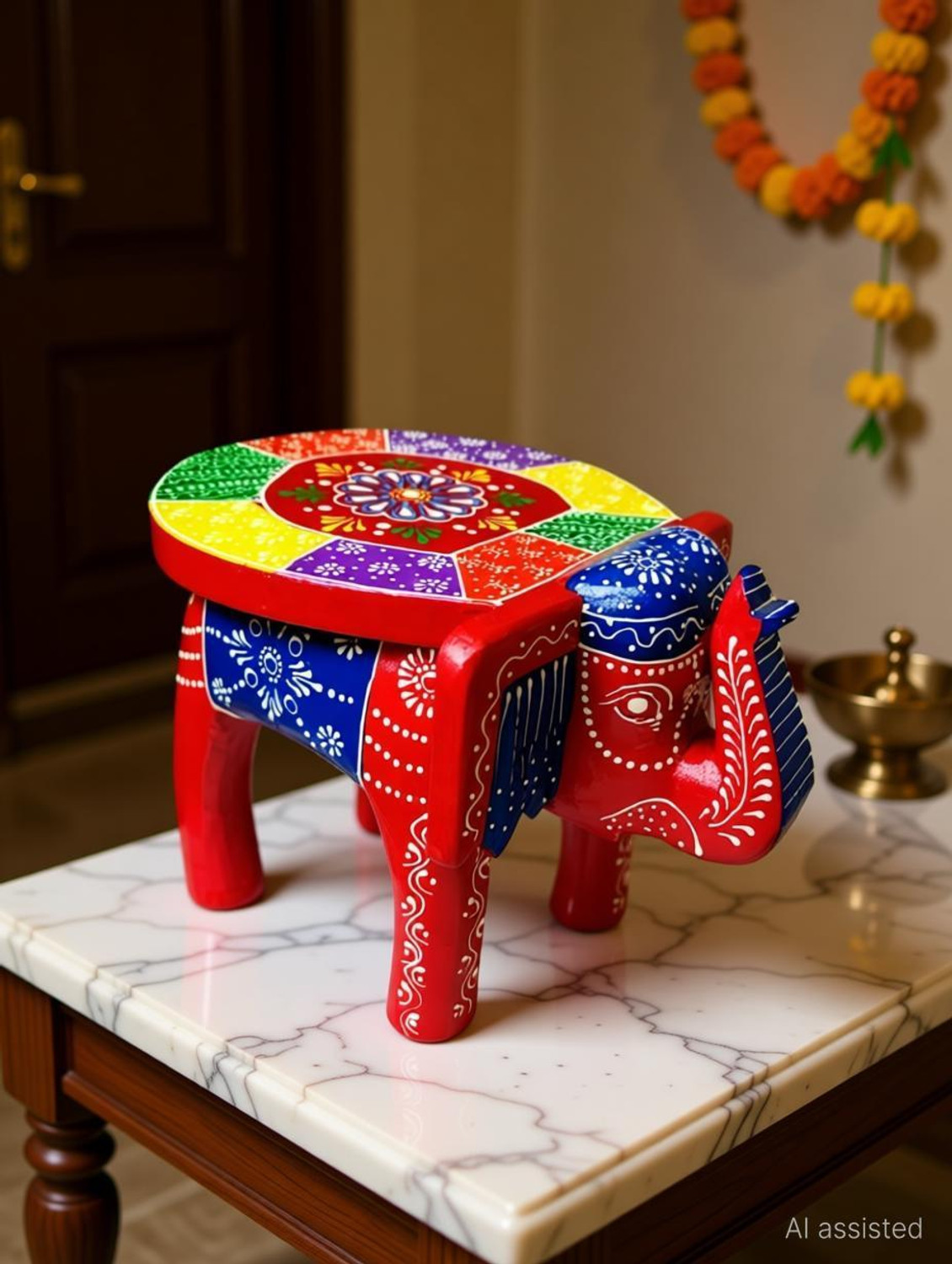 Image of kamdhenu art and craft Wooden Painting Decorative Rajasthani Elephant Stool | Decorative Showpiece Decorative Showpiece - 20 cm