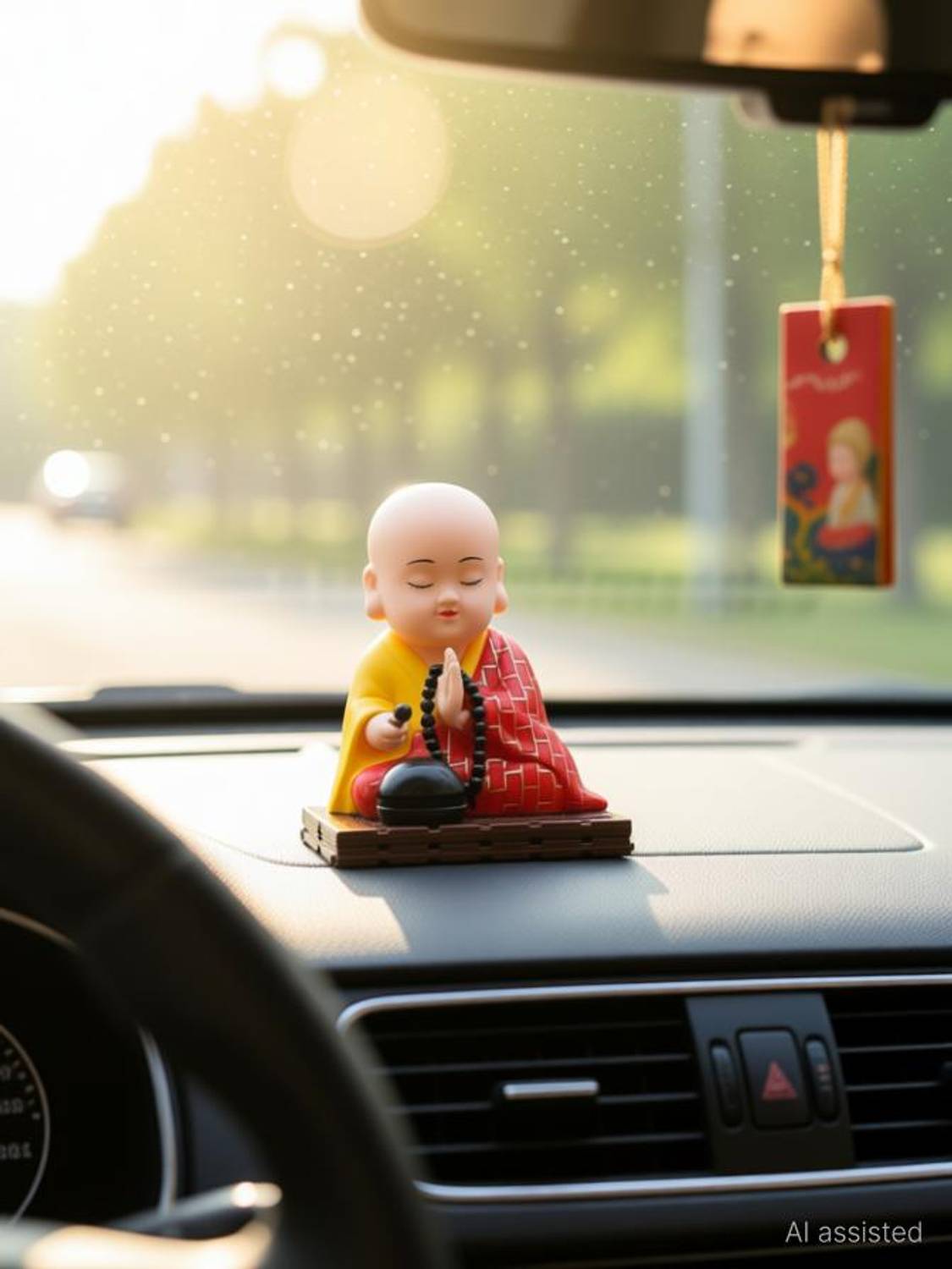 Laughing buddha Solar Buddha Moving Head & Hand - Sitting Buddha for Car,Home & Office,gifts Decorative Showpiece - 9 cm