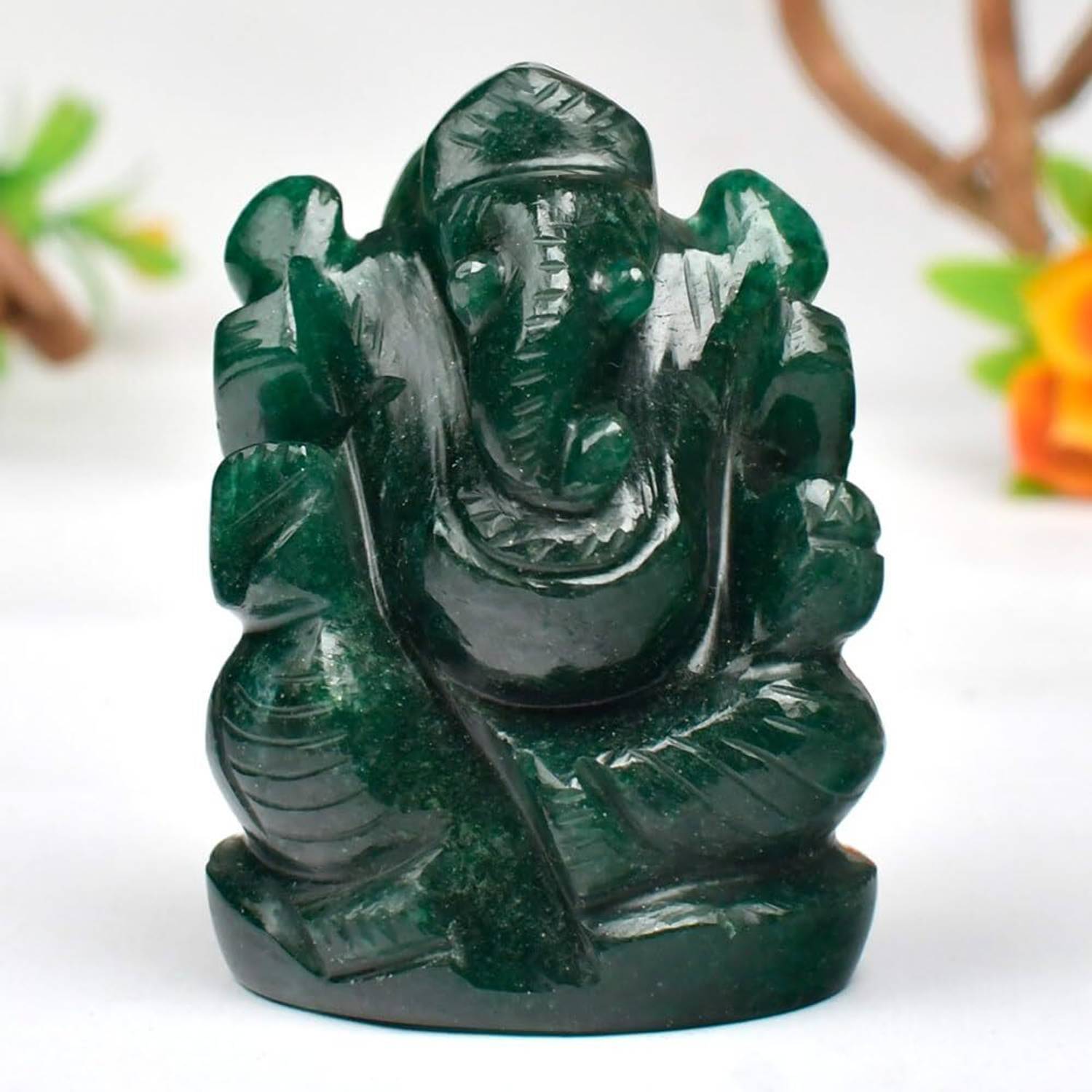 Divine Stones 1.25" Inches Natural Green Jade Ganesha Margaj Stone Ganesh Idols Decorative Showpiece - 3 cm