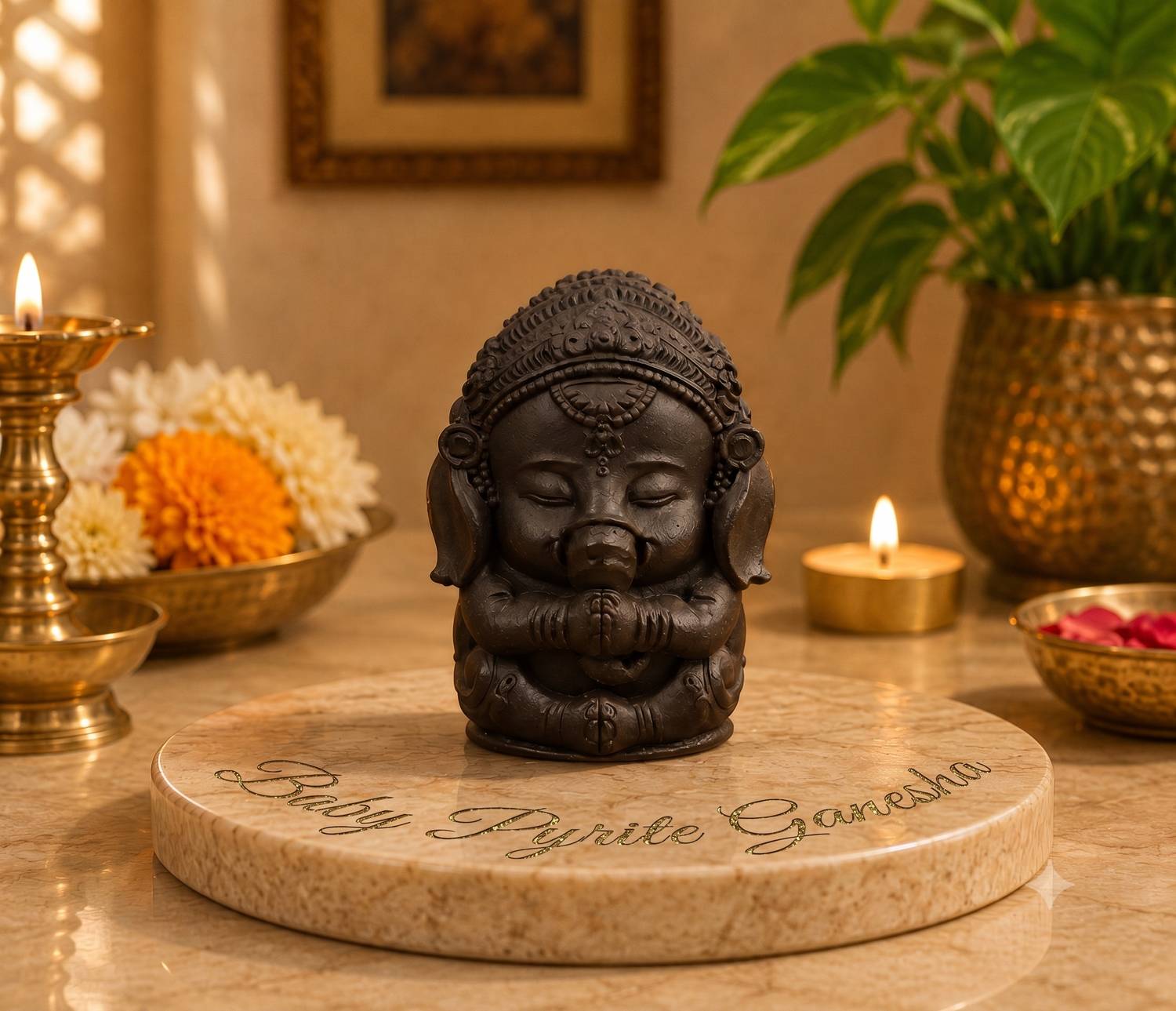 Swarnangshu Swarnangshu | Home Decor | Raw Pyrite Baby Ganesha Decorative Showpiece - 8 cm