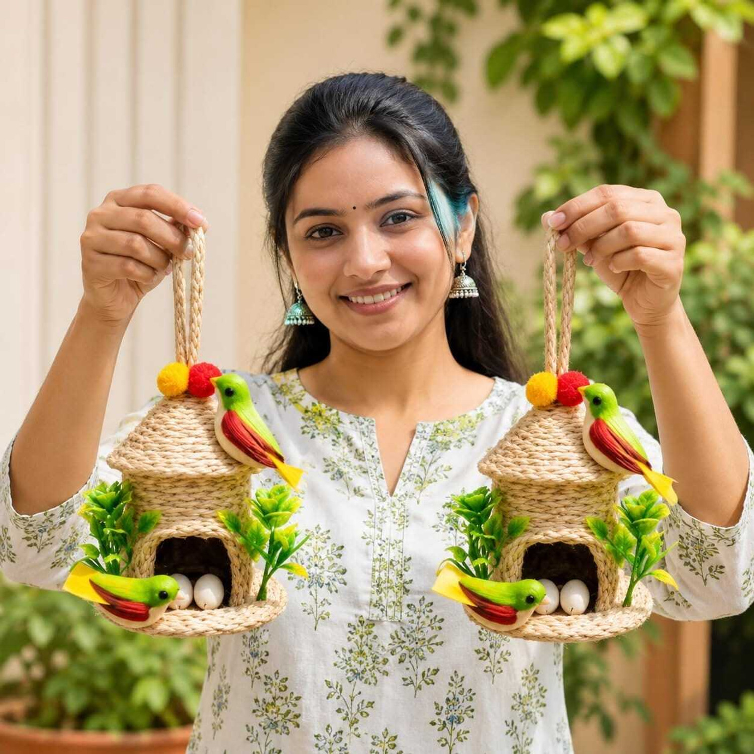 Image of Hareshwar Collections Colorful Bird Nest House Home Accent Pack of 2 Decorative Showpiece - 20 cm