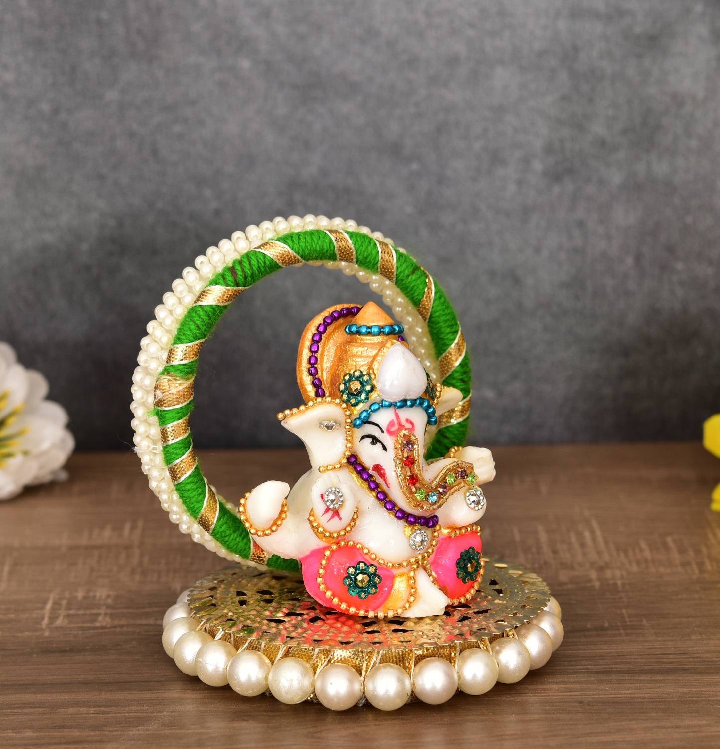 UniqueArt Lord Ganesha Idol on round base Figurine Showpiece Hindu Polyresin Showpiece Decorative Showpiece - 8 cm