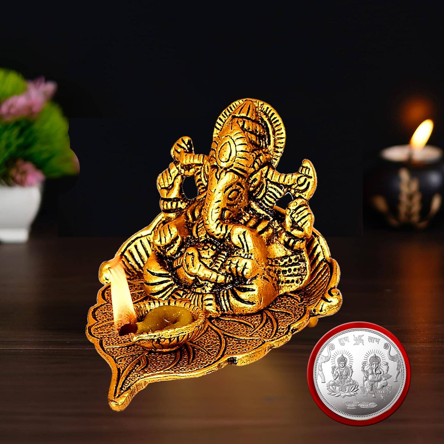 NOKTUS Lord Ganesha Murti with Diya On Leaf - Diya for Puja Room, Home Temple Decor Decorative Showpiece - 8 cm