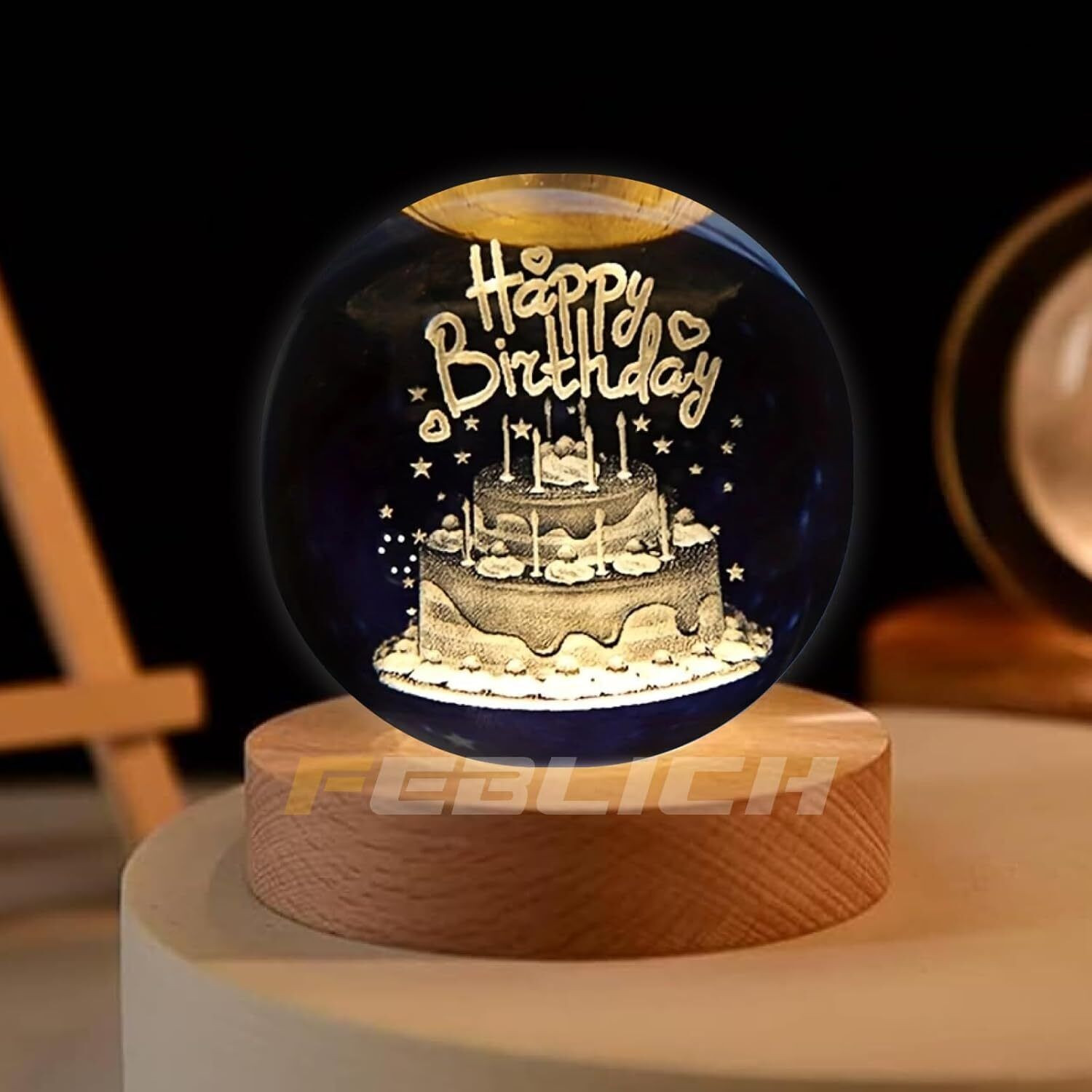 Image of KASHTHBHANJAN 3D Crystal Happy Birthday Lamp Decorative Showpiece Decorative Showpiece - 7 cm