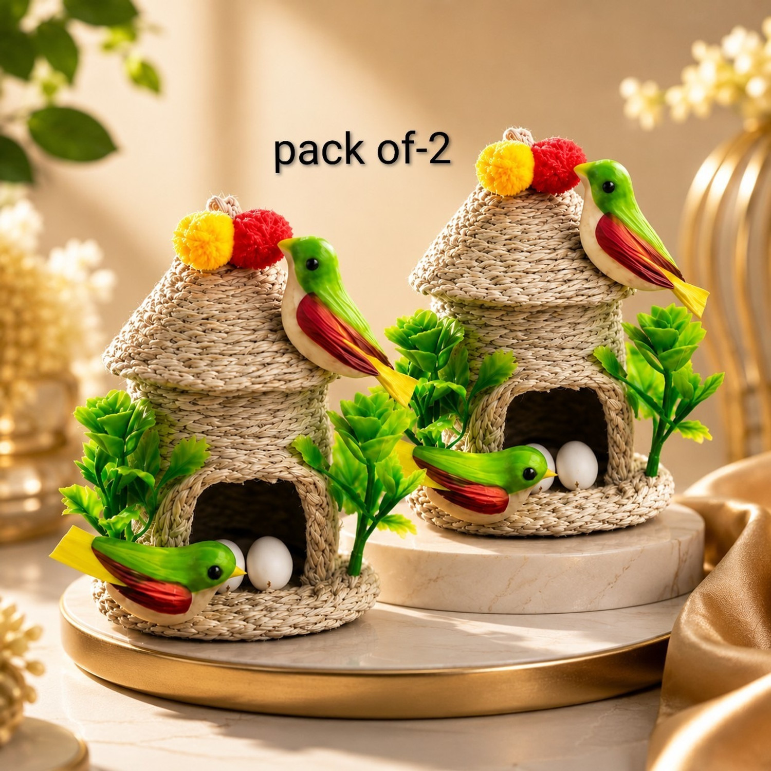 Image of Hareshwar Collections Colorful Bird Nest House Home Accent Pack of 2 Decorative Showpiece - 20 cm