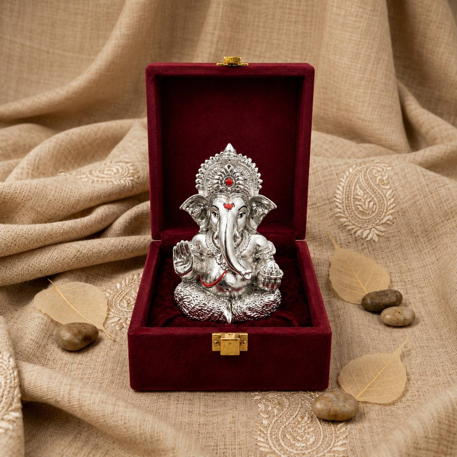 Vinayaka Fab 999 Pure Silver Plated Lord Ganesha Idol with Velvet Gift Box Decorative Showpiece - 9.5 cm