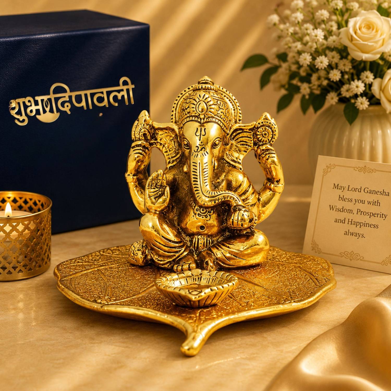 STARLIGHT Gold Finish Vinayaka Patta Ganpati with Subh Dipawali Tag & Velvet Box Decorative Showpiece - 7 cm