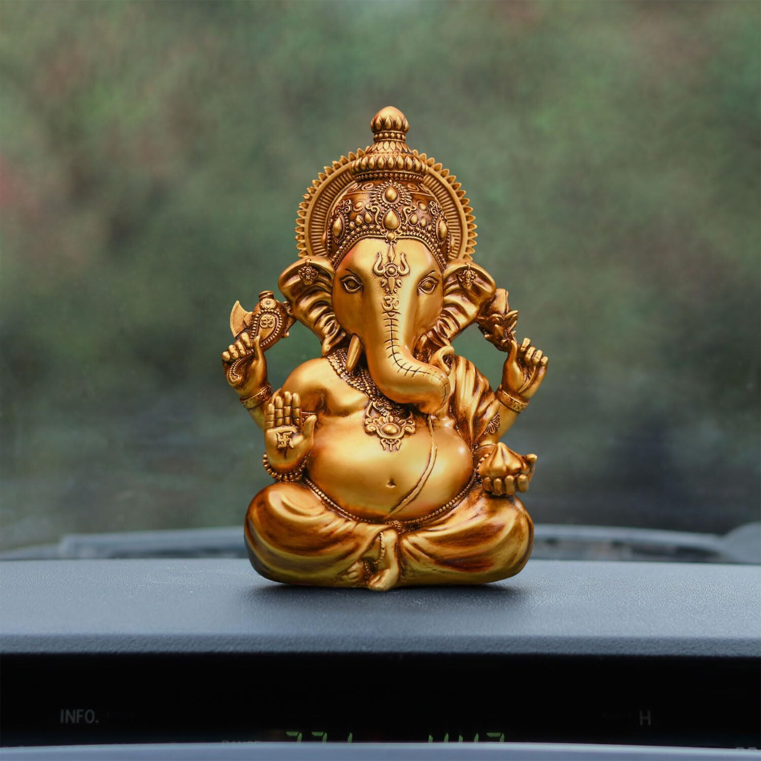 Image of The Divine Tales Vighnaharta Ganesh Idol for Car Dashboard Ganpati Murti Vinayaka Statue for Home Decorative Showpiece - 8.9 cm (Polyresin, Gold)