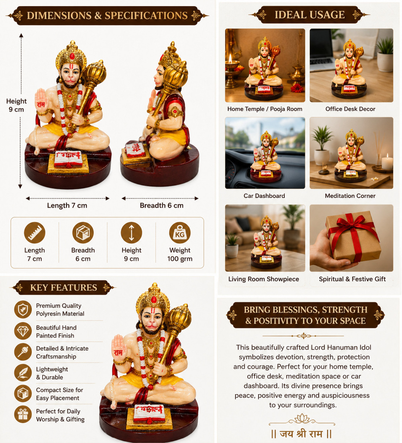 Image of ERIEN Premium Bajrangbali Hanuman Idol for Car Dashboard & Office Desk Decor Decorative Showpiece - 9 cm (Polyresin, Multicolor)