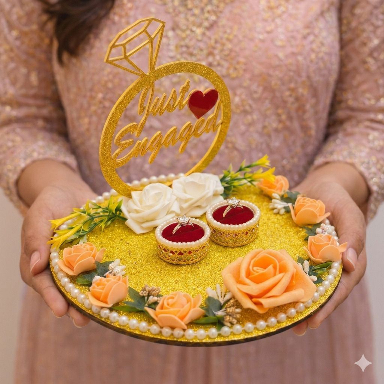 Image of Sara Unique Gift Just Engaged Floral Ring Platter (Gold) Decorative Showpiece - 23 cm